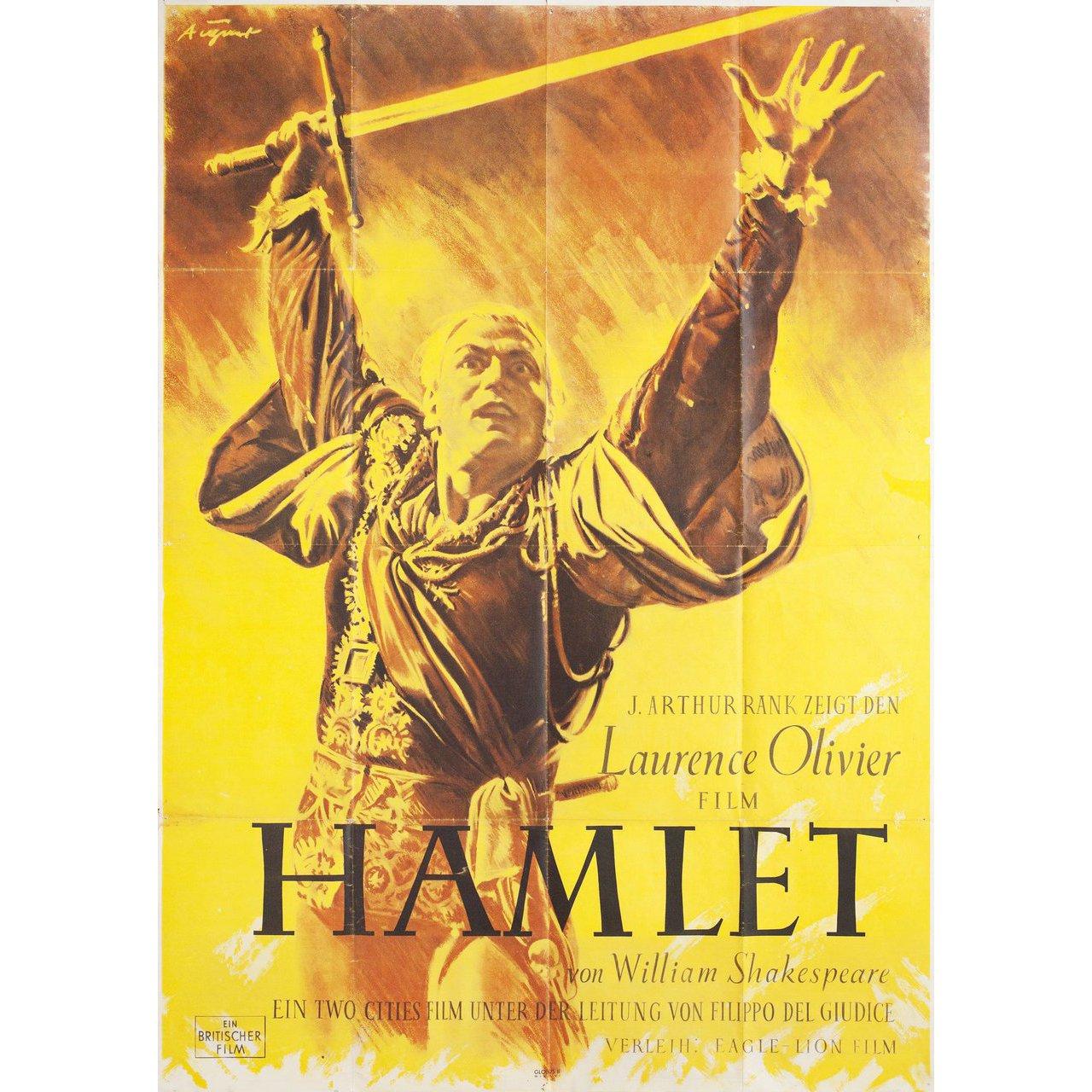 Original 1948 Austrian A0 poster for the film Hamlet directed by Laurence Olivier with Laurence Olivier / Jean Simmons / John Laurie / Esmond Knight / Anthony Quayle / Niall MacGinnis. Very good condition, folded with pinholes and other wear. Many