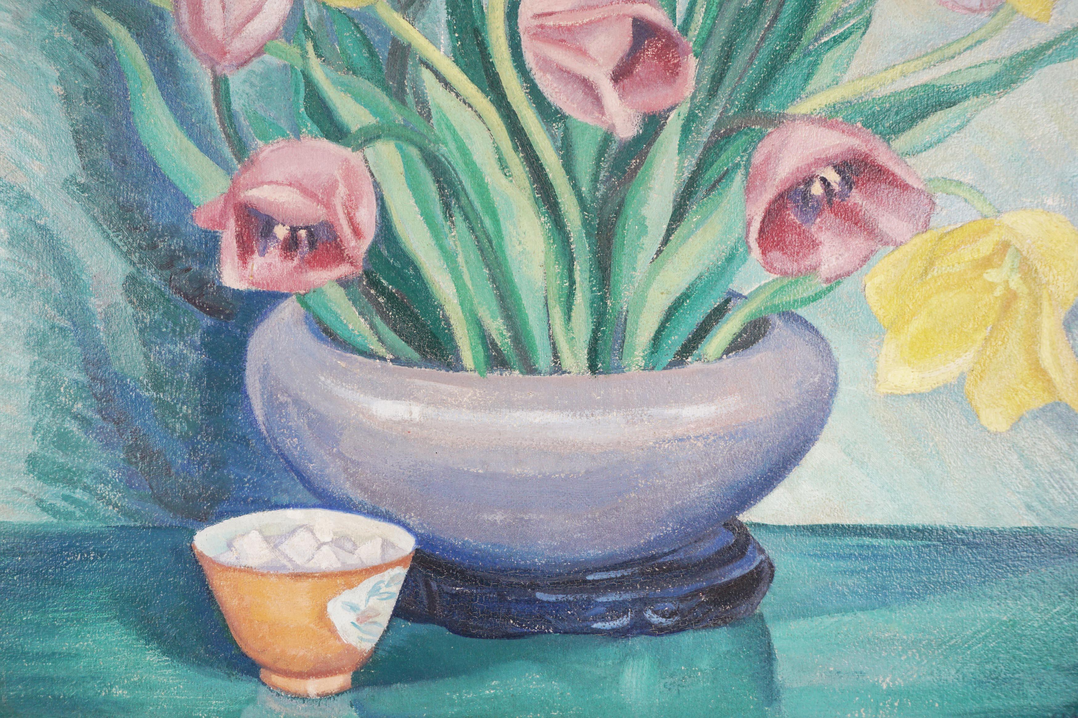 Wonderful art deco style still life of yellow and lavender tulips in vase with sugar bowl by Hamlin (American, 20th Century), circa 1935. Signed lower right 