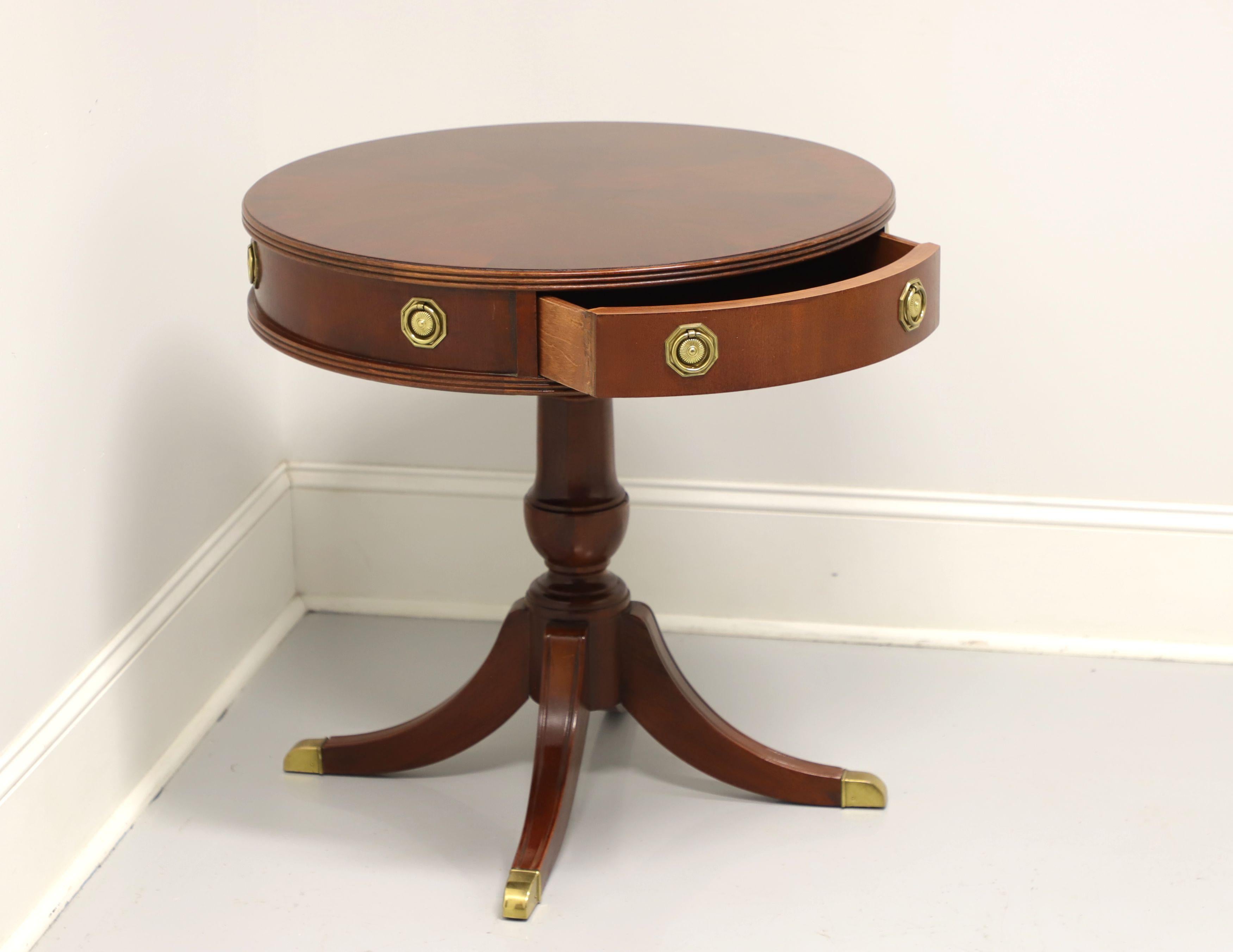Vietnamese HAMMARY Banded Inlaid Mahogany Round Drum Table with Pedestal Base