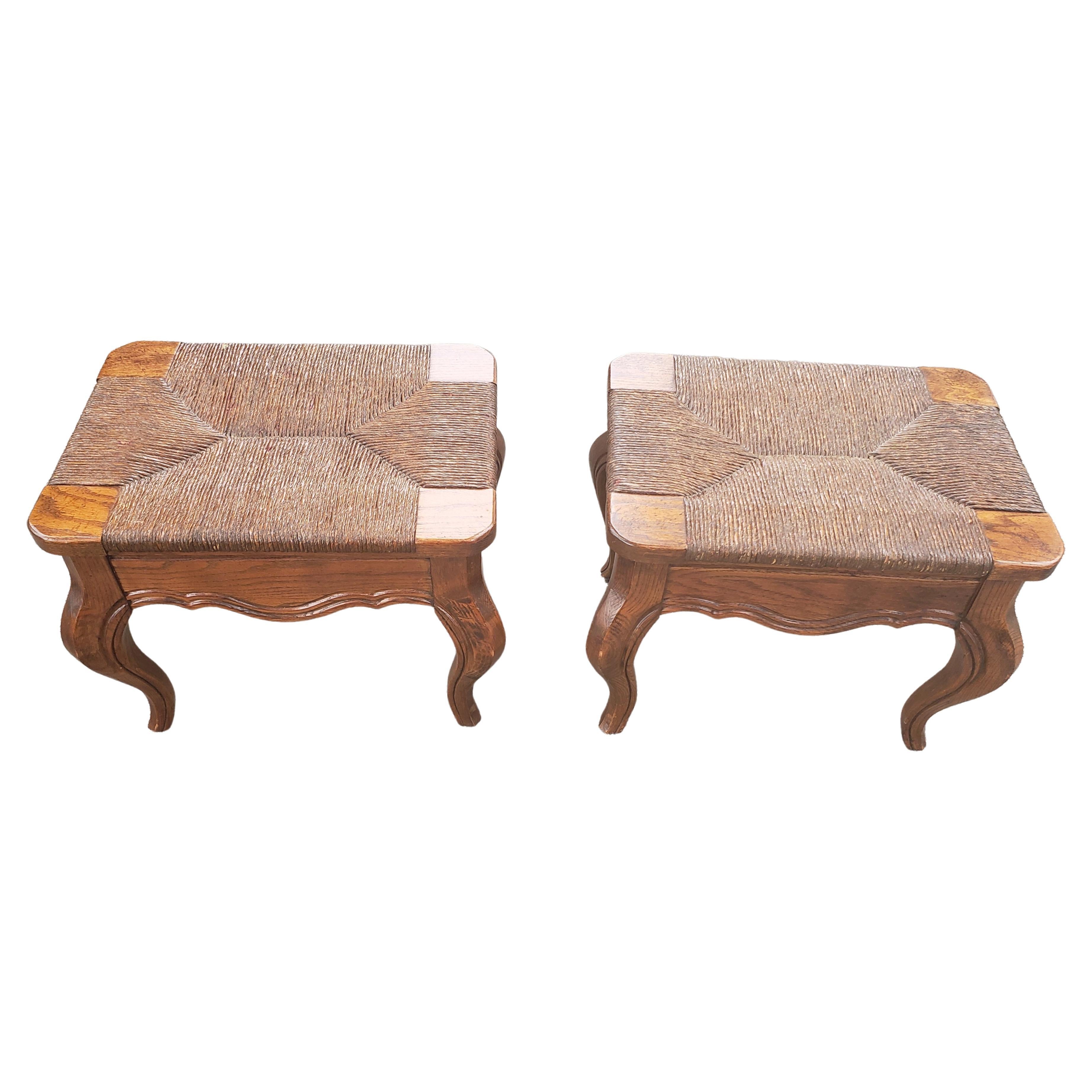 French Provincial Hammary French Country Oak Rush Seat Footstools, Ottoman, a Pair