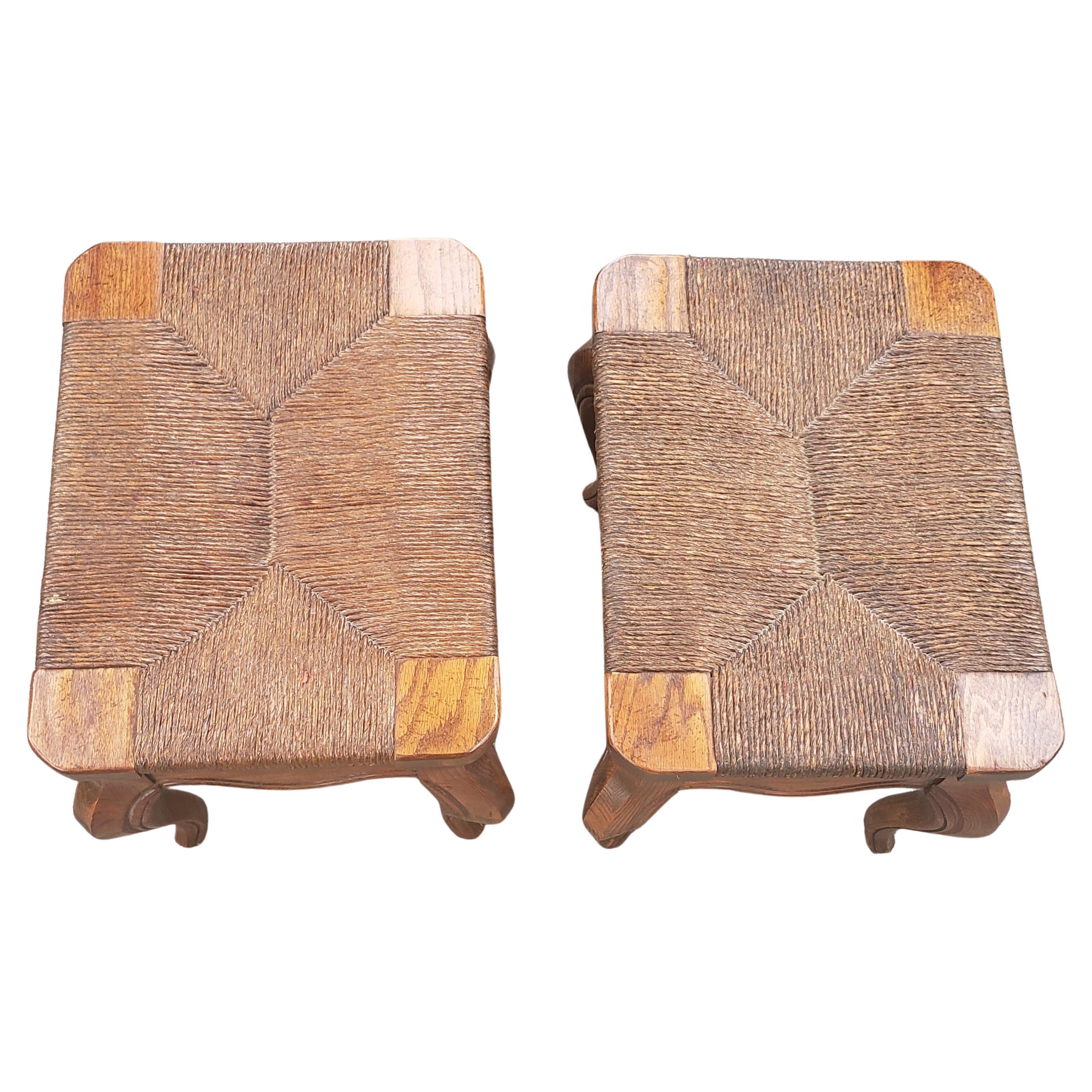 American Hammary French Country Oak Rush Seat Footstools, Ottoman, a Pair