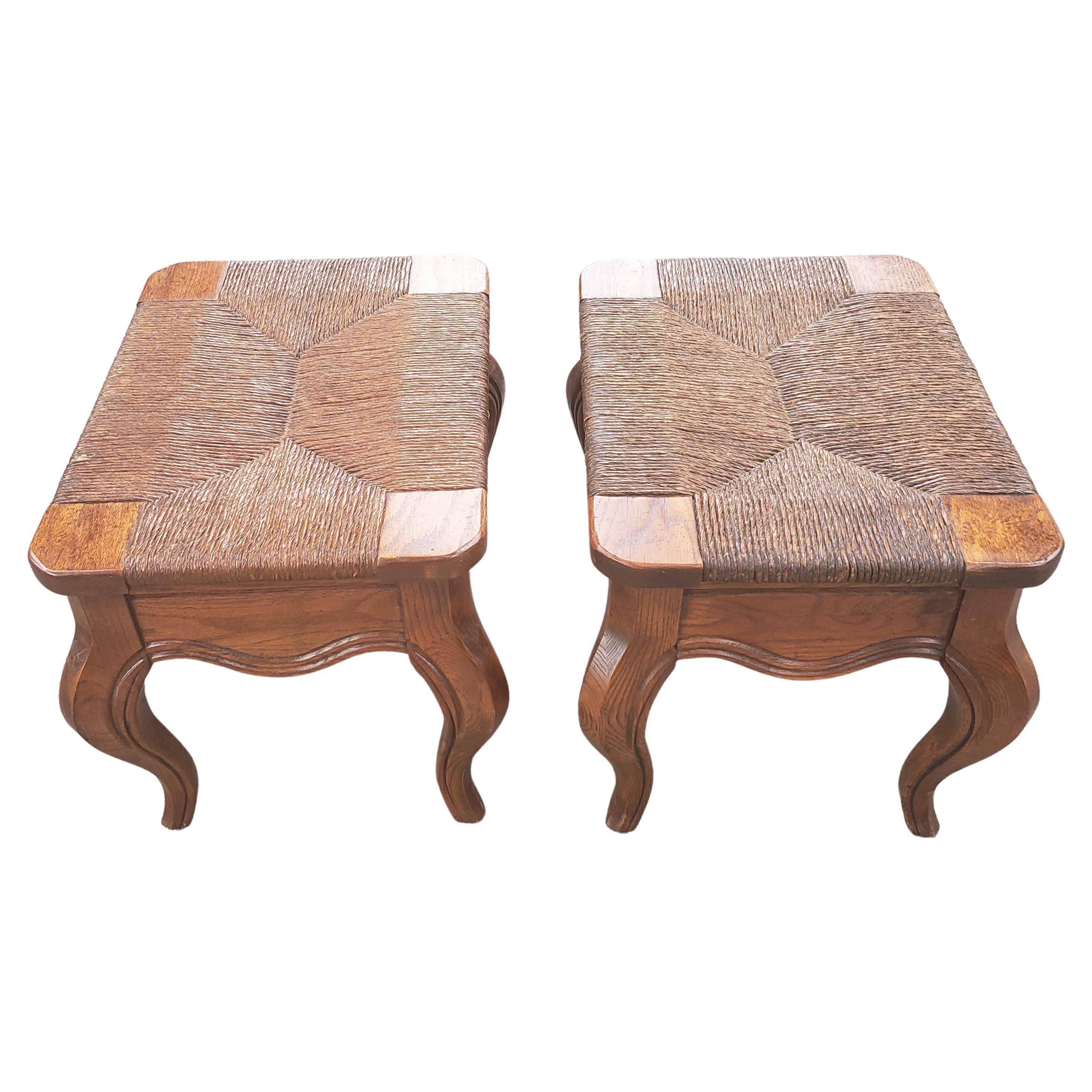 Hand-Crafted Hammary French Country Oak Rush Seat Footstools, Ottoman, a Pair