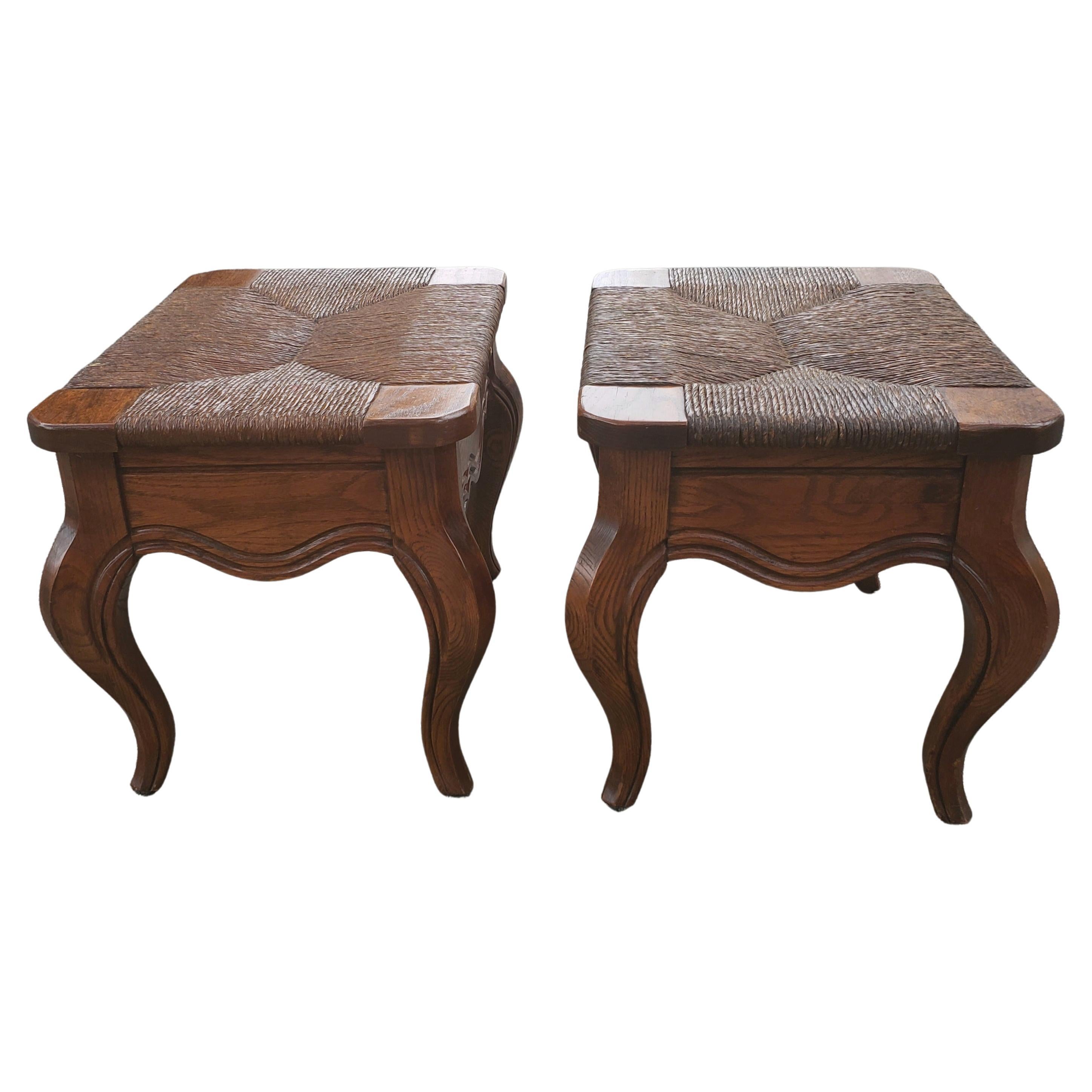 20th Century Hammary French Country Oak Rush Seat Footstools, Ottoman, a Pair