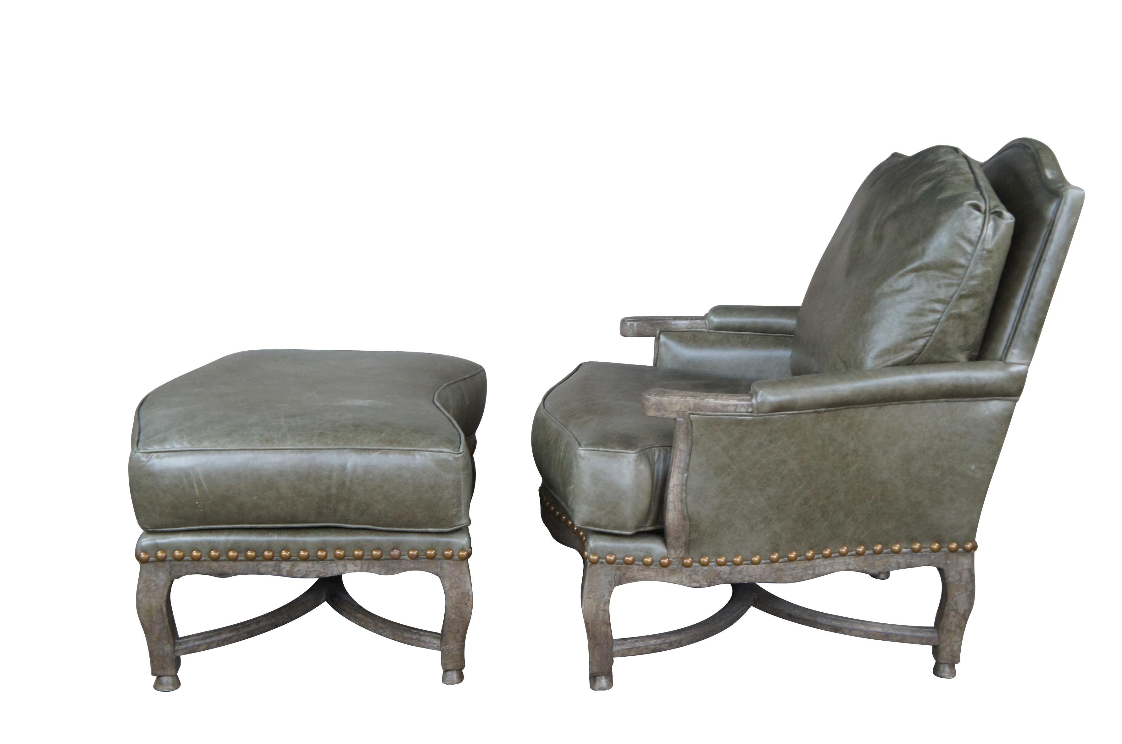 Vintage Dakota Bergere chair and ottoman by Hammer Fine Furniture. Featuring French styling with Tuscan Field Green Leather and Brixton Crackle finish frame with nailhead trim.  Made for Joseph Interiors of North Palm Beach Florida.

Hammer Fine