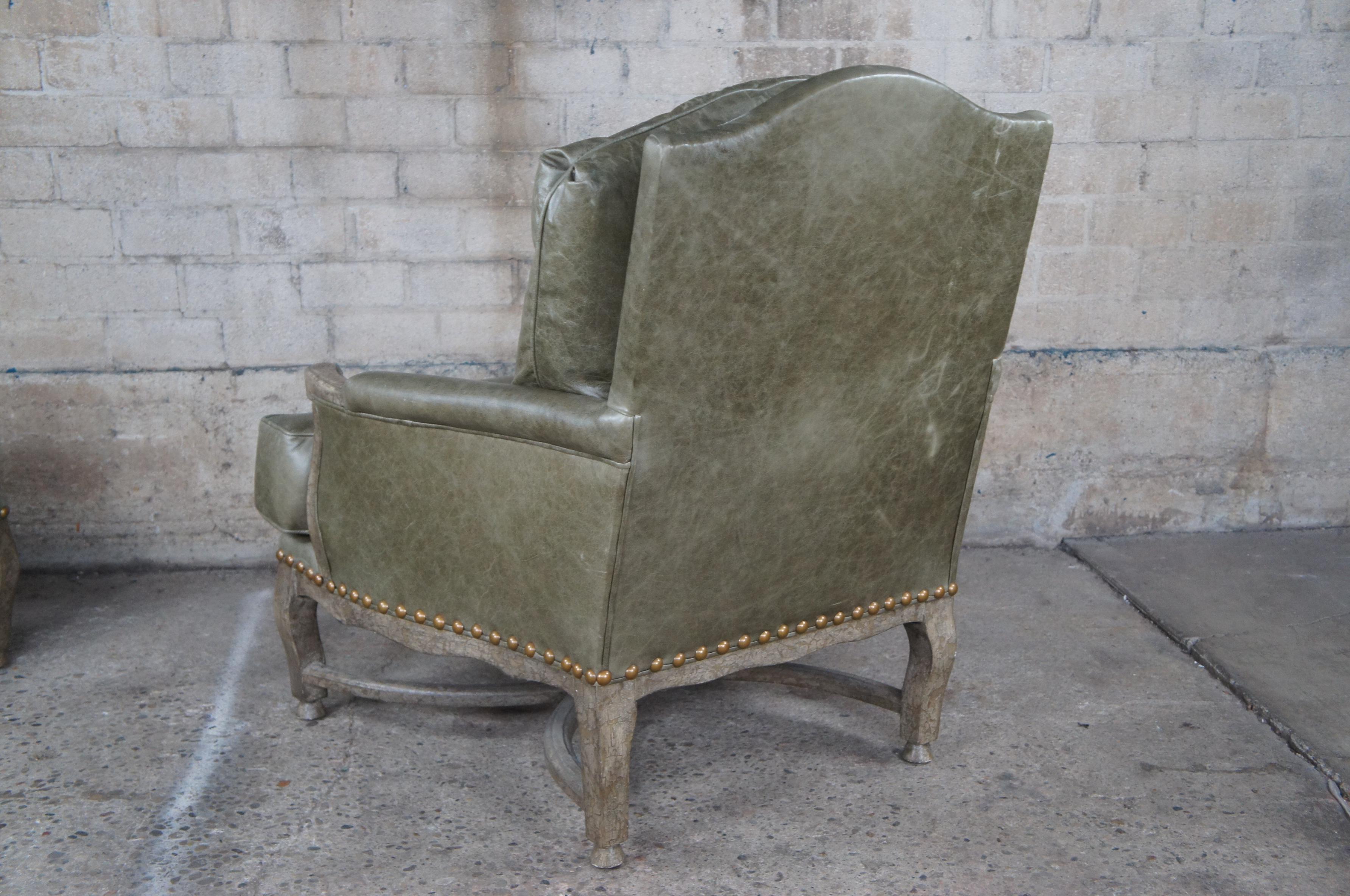 Hammer Dakota French Bergere Tuscan Green Leather Club Arm Lounge Chair Ottoman In Good Condition For Sale In Dayton, OH