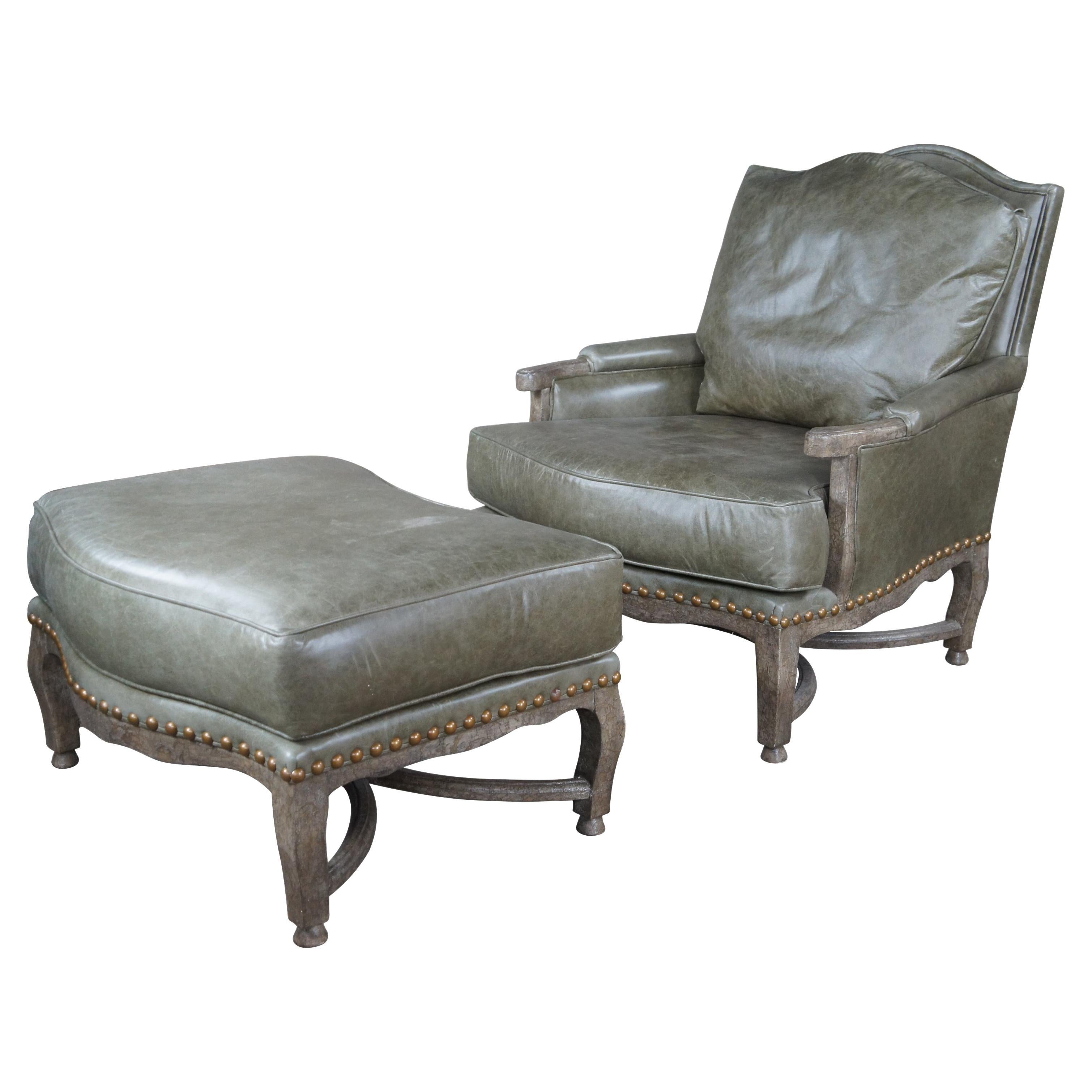 Hammer Dakota French Bergere Tuscan Green Leather Club Arm Lounge Chair Ottoman