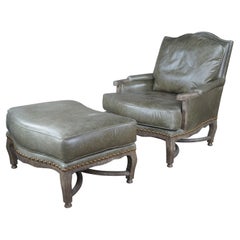Hammer Dakota French Bergere Tuscan Green Leather Club Arm Lounge Chair Ottoman