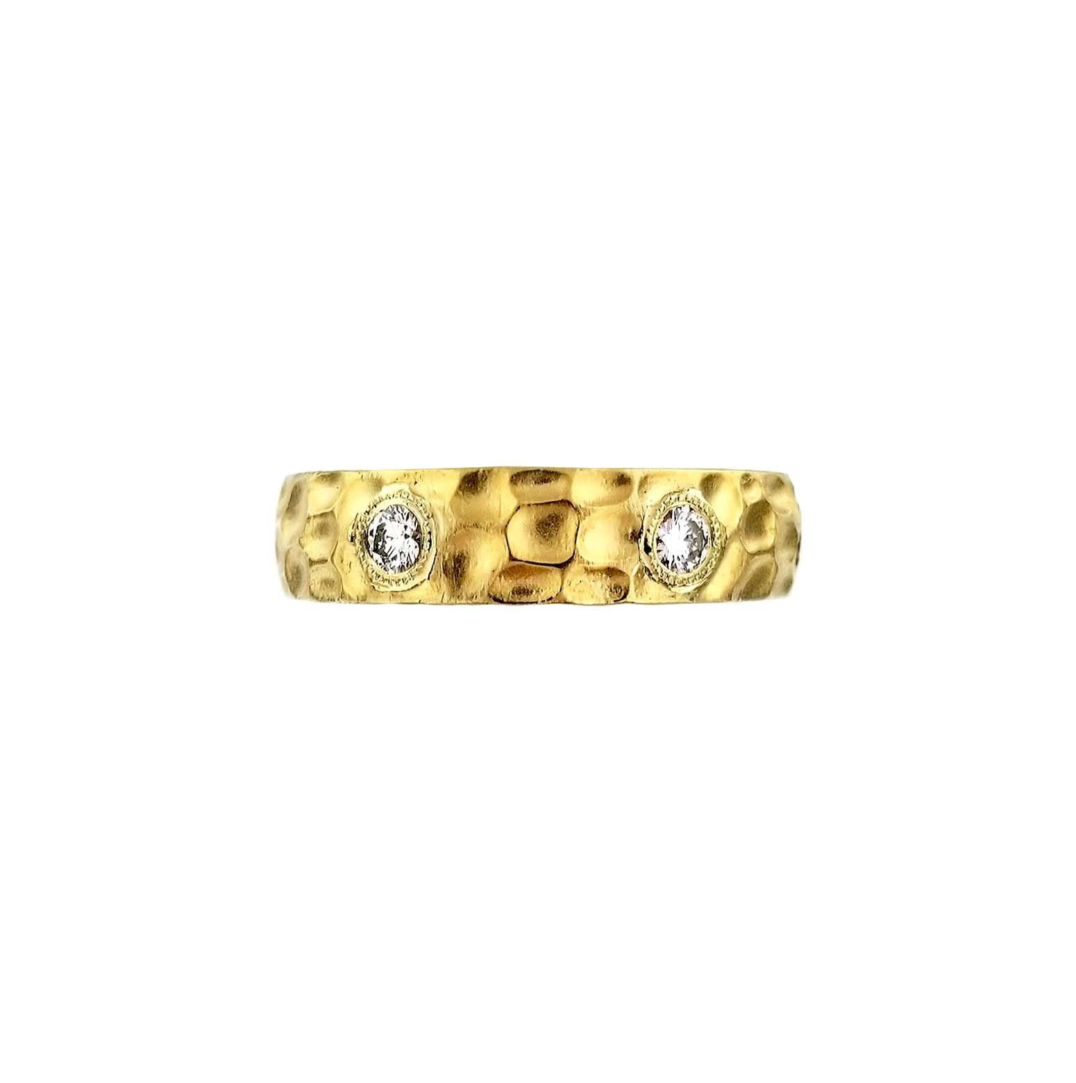 Artisan Hammer Finish 18 Karat Yellow Gold Italian Diamond Ring For Sale
