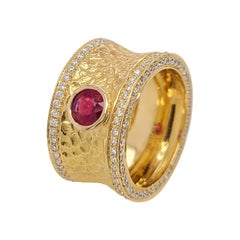 Hammer Finish Two-Tone 18 Karat Italian Diamond Ring with Ruby Center Stone