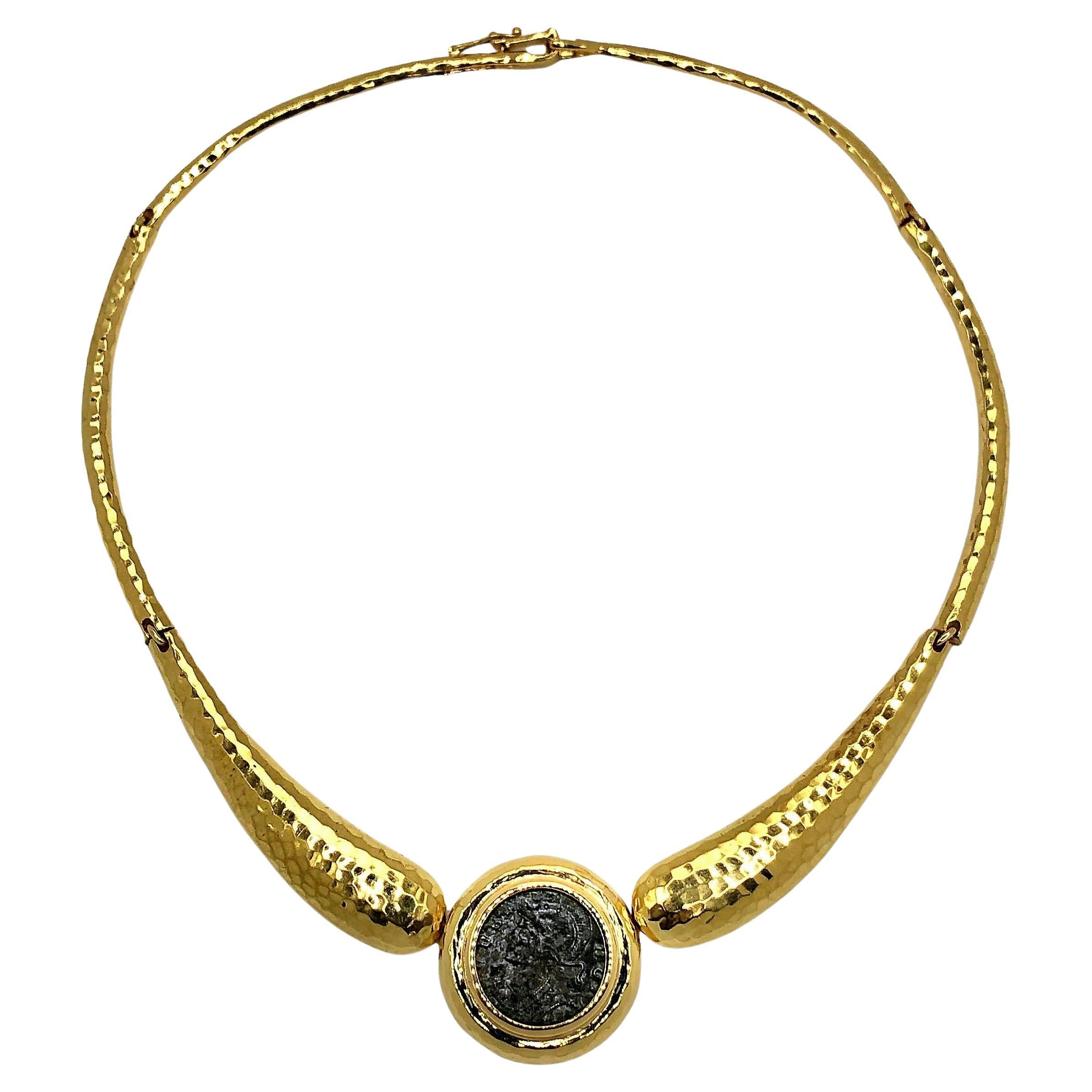 Hammered 14K Gold Choker with Ancient Roman Bronze Coin