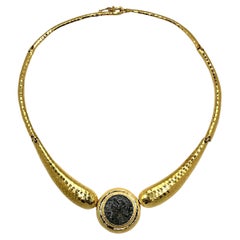 Hammered 14K Gold Choker with Ancient Roman Bronze Coin