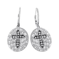 Hammered 18 Karat White Gold Diamond Cross Dangle Earrings