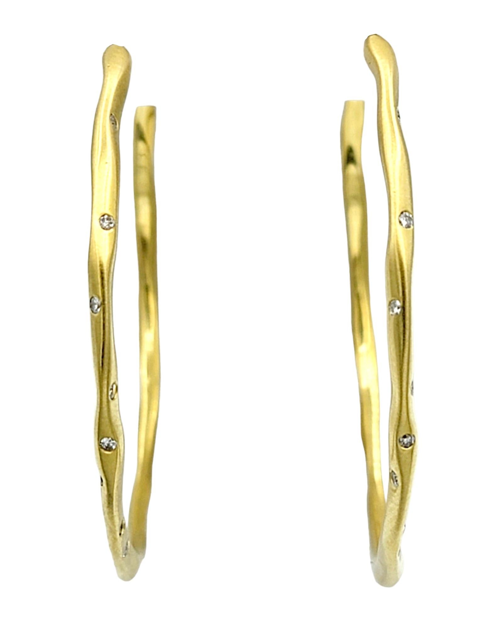 Hammered 18 Karat Yellow Gold Brushed Finish Hoop Earrings with Round Diamonds For Sale