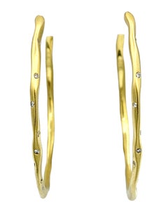 Hammered 18 Karat Yellow Gold Brushed Finish Hoop Earrings with Round Diamonds