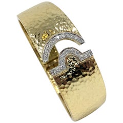 Vintage Hammered 18 Karat Yellow Gold Clamper Cuff Bracelet with Diamond Terminals