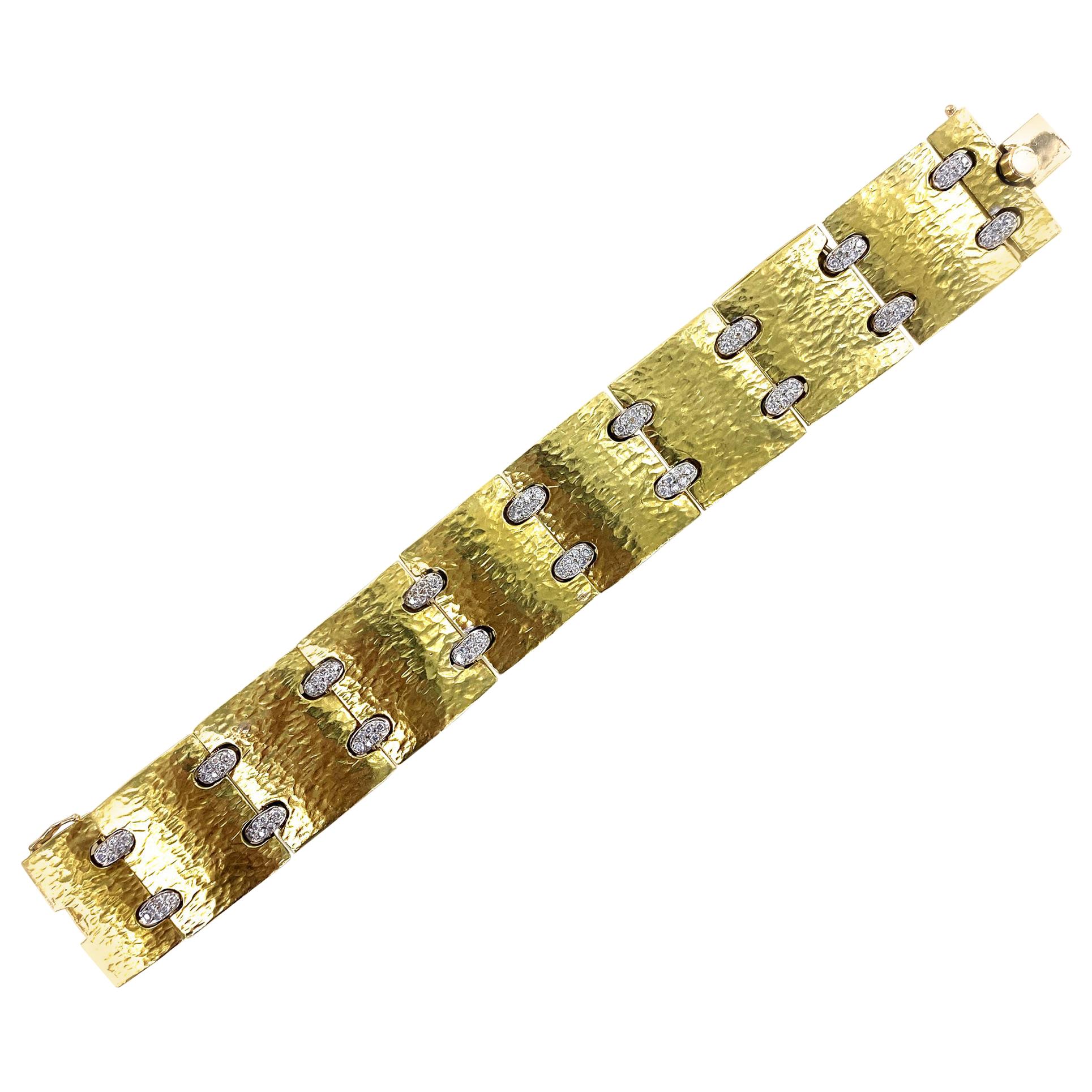 Hammered 18 Karat Yellow Gold Diamond Wide Link Bracelet