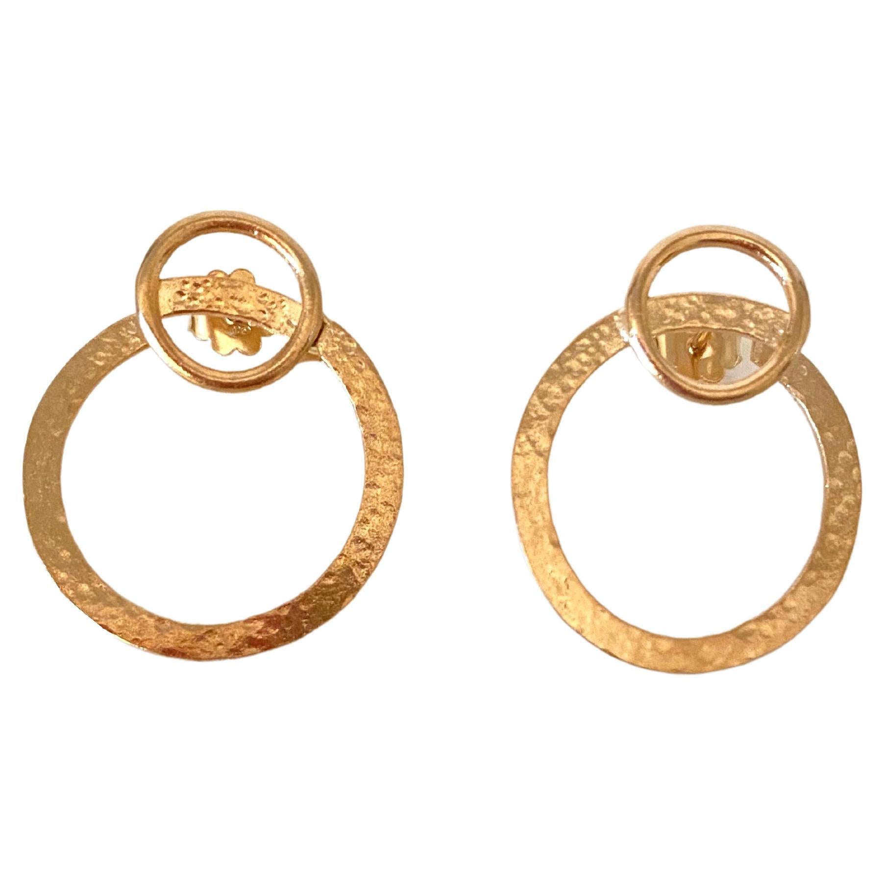 Hammered 18 Karats Yellow Gold Open Hoop Circle Artisan Modern Earrings