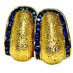 Hammered 18K Yellow Gold Bombe' J Hoop Earrings w/ Vivid Calibre' Cut Sapphires