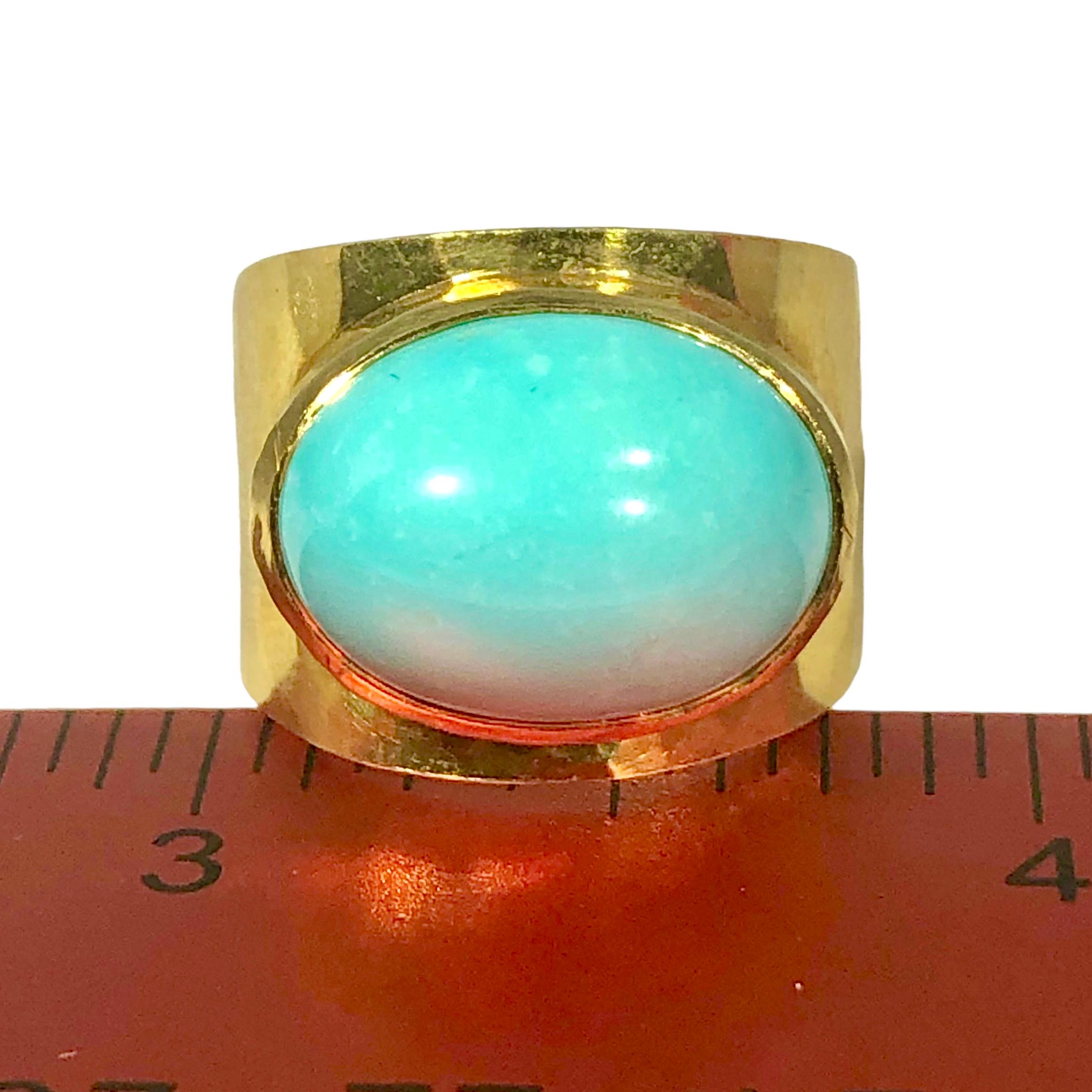 Hammered 18K Yellow Gold Cigar Band Ring with Center Oval Turquoise In Good Condition For Sale In Palm Beach, FL