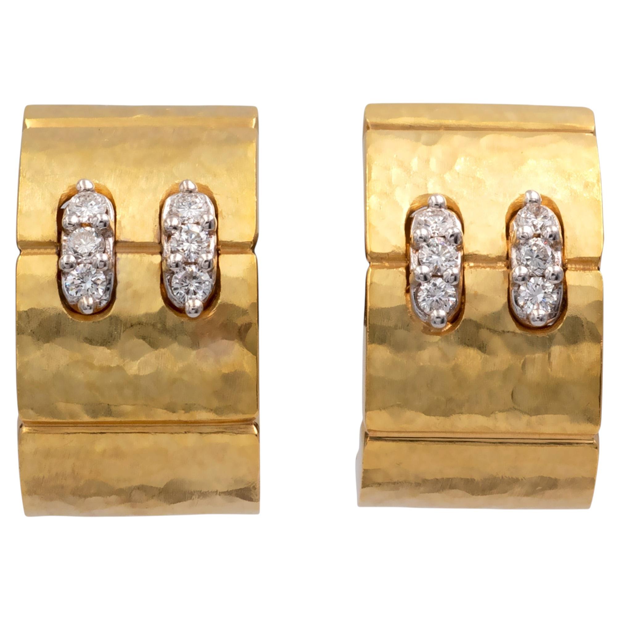 Hammered 18K Yellow Gold Diamond Earrings For Sale