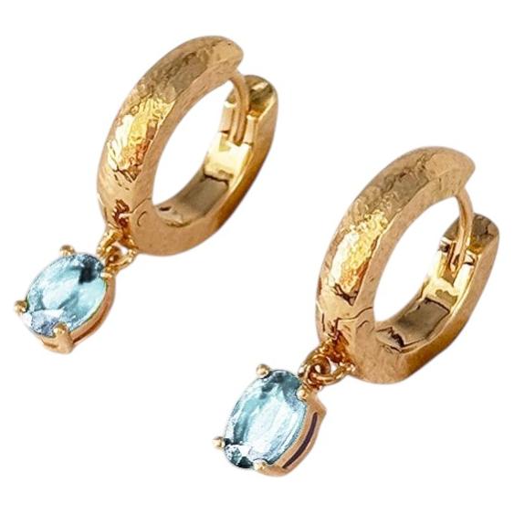 Hammered 18kt Yellow Gold Aquamarine Hoop Earrings by Rossella Ugolini For Sale