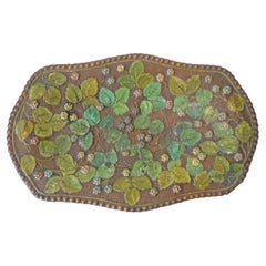 Hammered and Painted Copper Tray Decorated with Green Leaves and Colored Berries