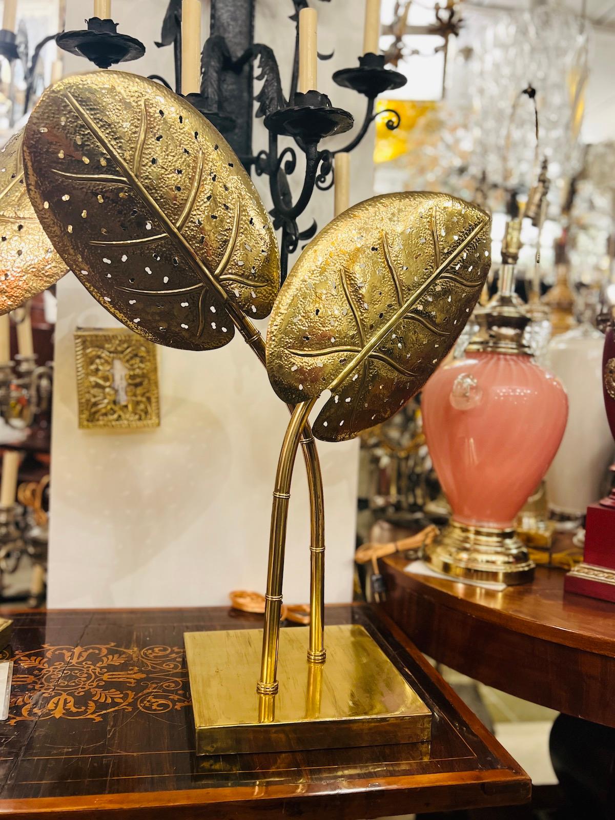 Italian Hammered and Polished Brass Leaf Lamps For Sale
