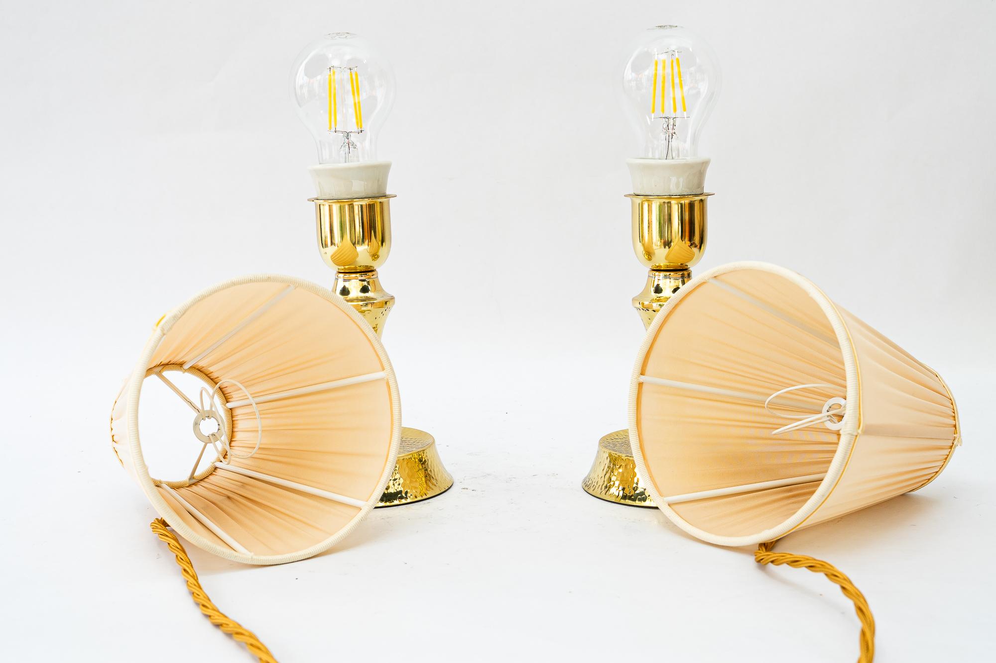 Hammered art deco brass table lamp with fabric shades vienna around 1920s For Sale 11