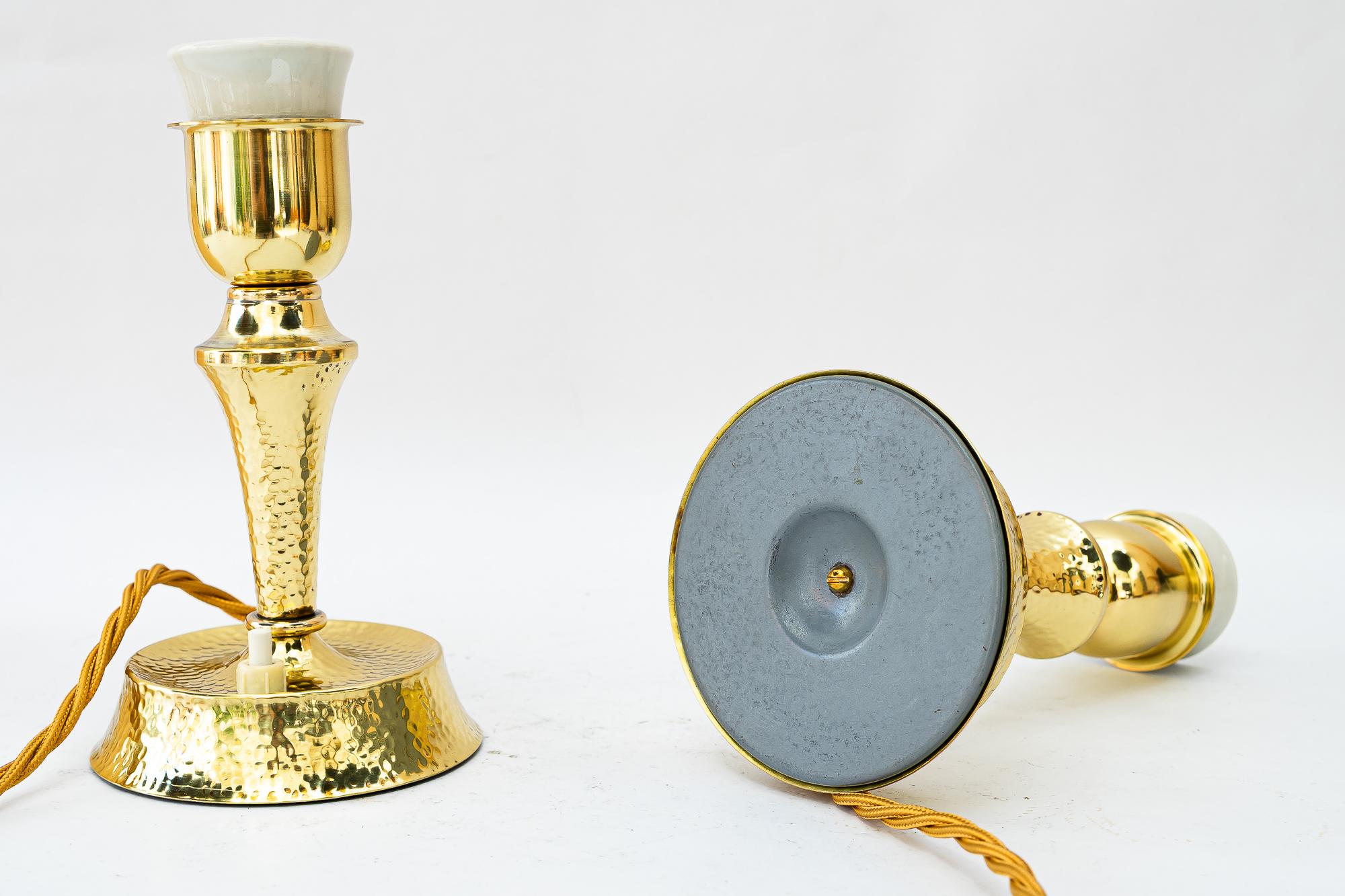 Hammered art deco brass table lamp with fabric shades vienna around 1920s For Sale 12