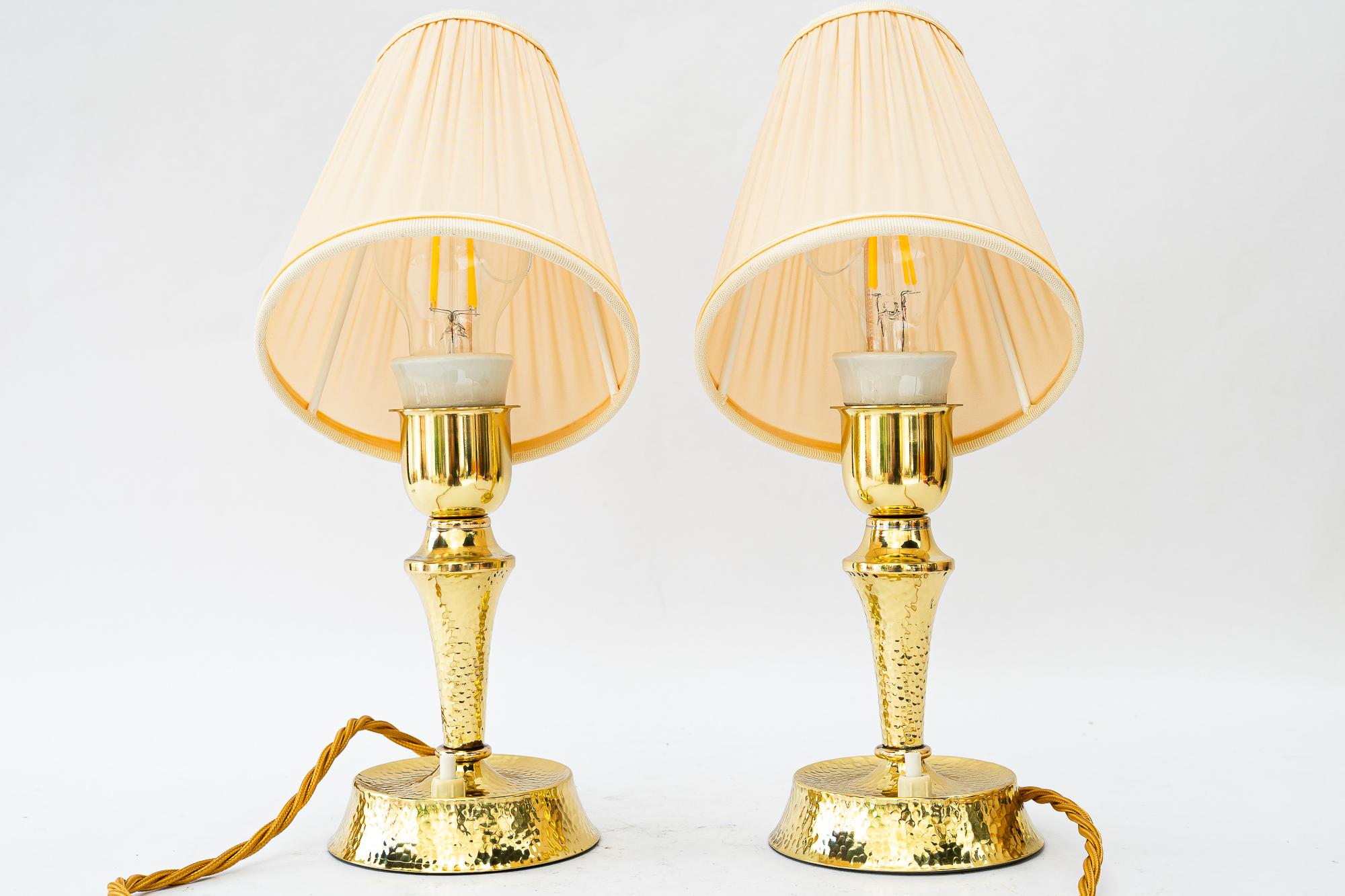 Brass Hammered art deco brass table lamp with fabric shades vienna around 1920s For Sale