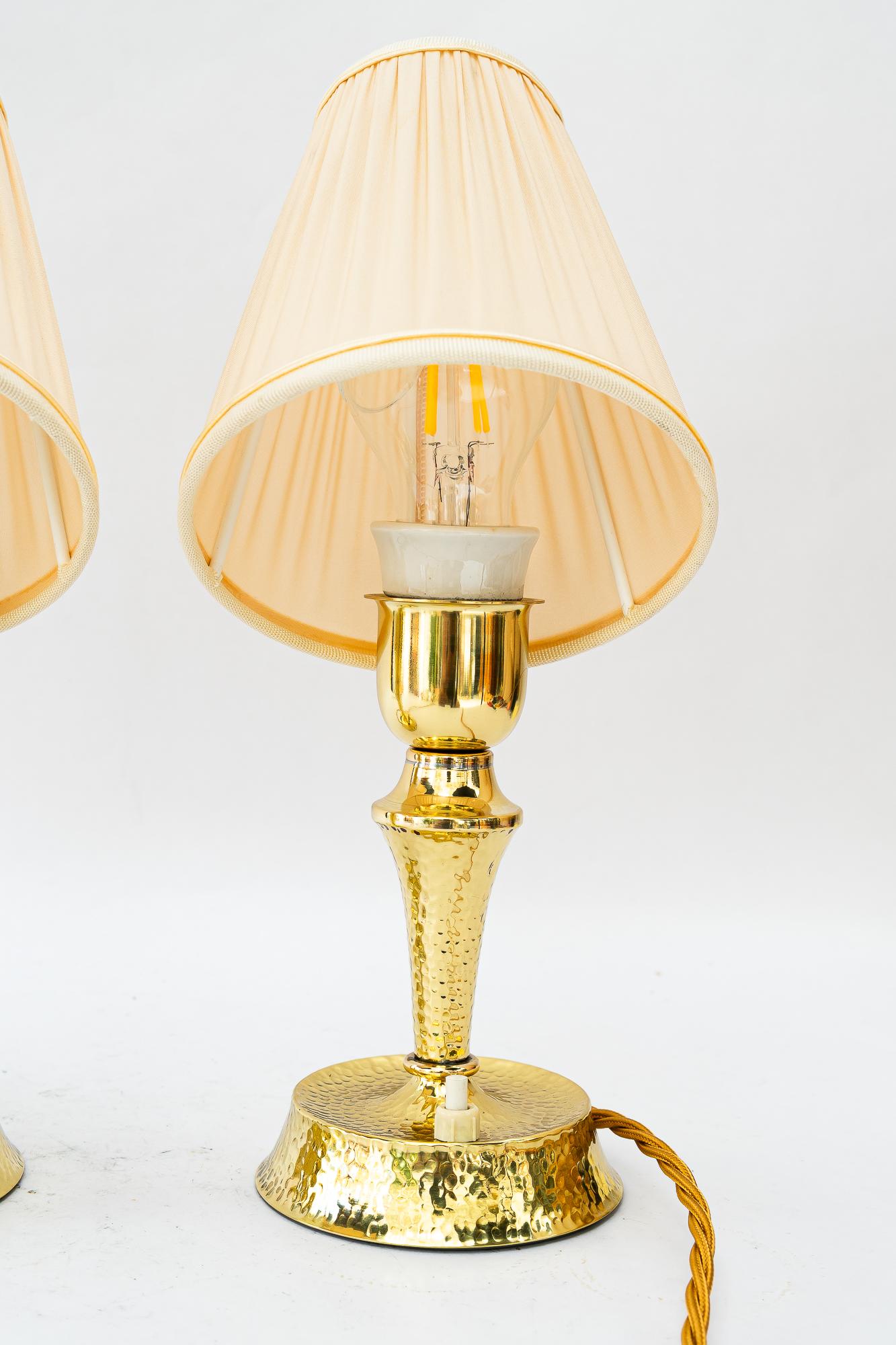 Hammered art deco brass table lamp with fabric shades vienna around 1920s For Sale 1