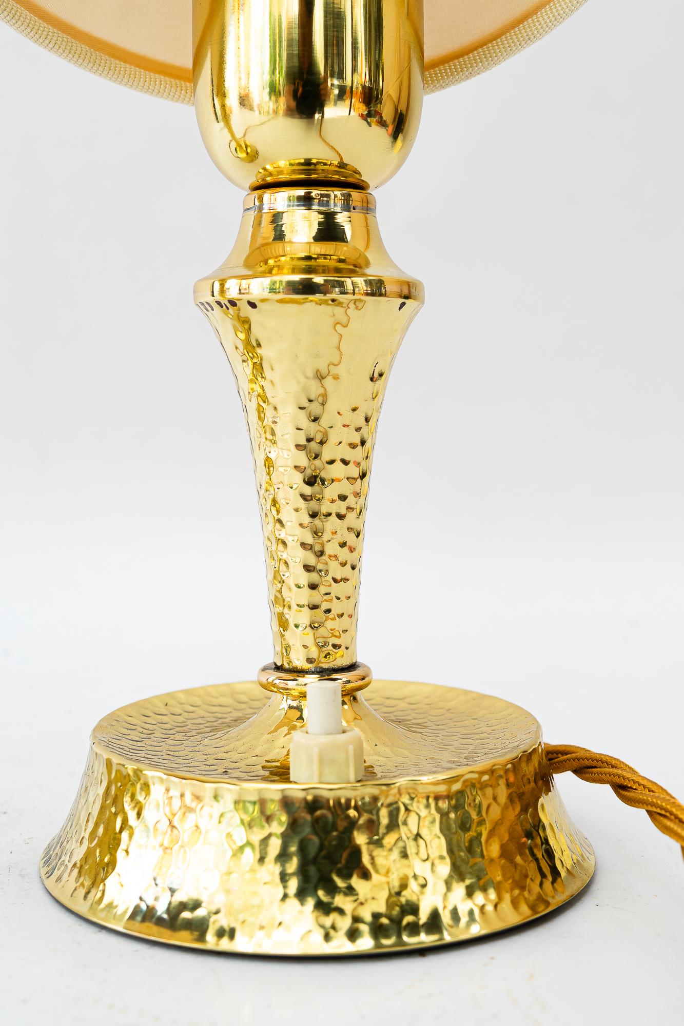 Hammered art deco brass table lamp with fabric shades vienna around 1920s For Sale 2