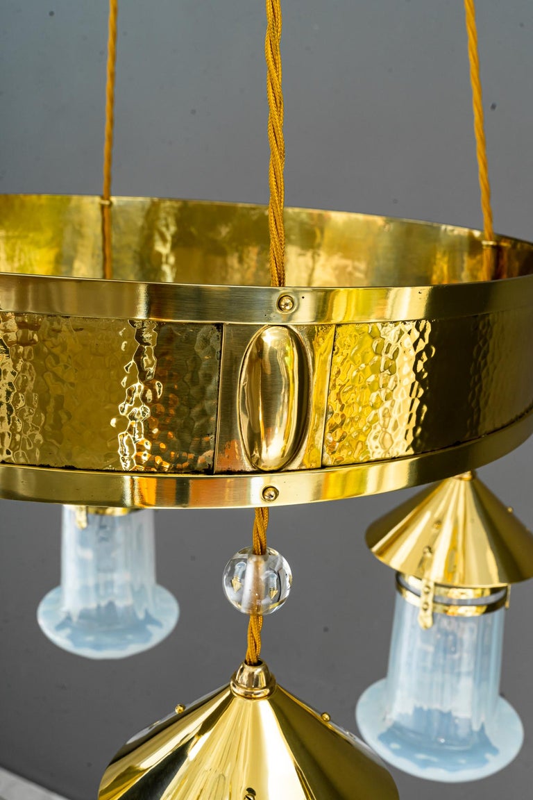 Hammered Art Deco Chandelier with Opaline Glass Shades, Vienna, Around 1920  For Sale at 1stDibs, image size:768x1152