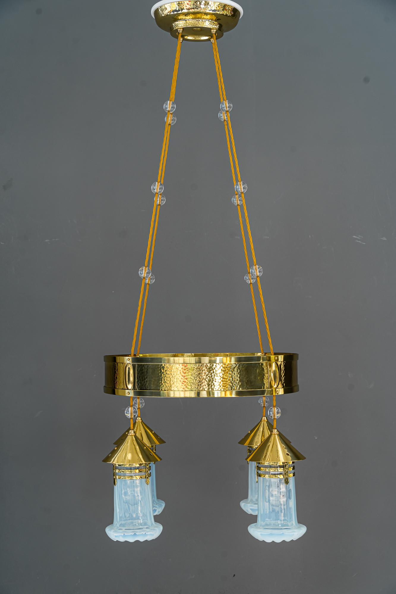 Lacquered Hammered Art Deco Chandelier with Opaline Glass Shades, Vienna, Around 1920 For Sale