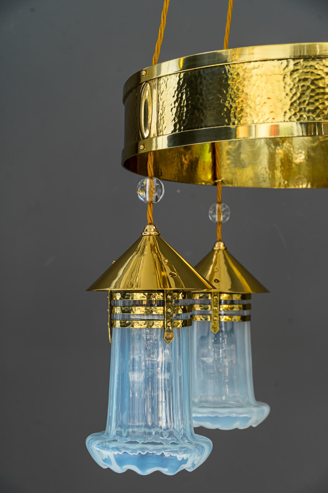 Early 20th Century Hammered Art Deco Chandelier with Opaline Glass Shades, Vienna, Around 1920 For Sale