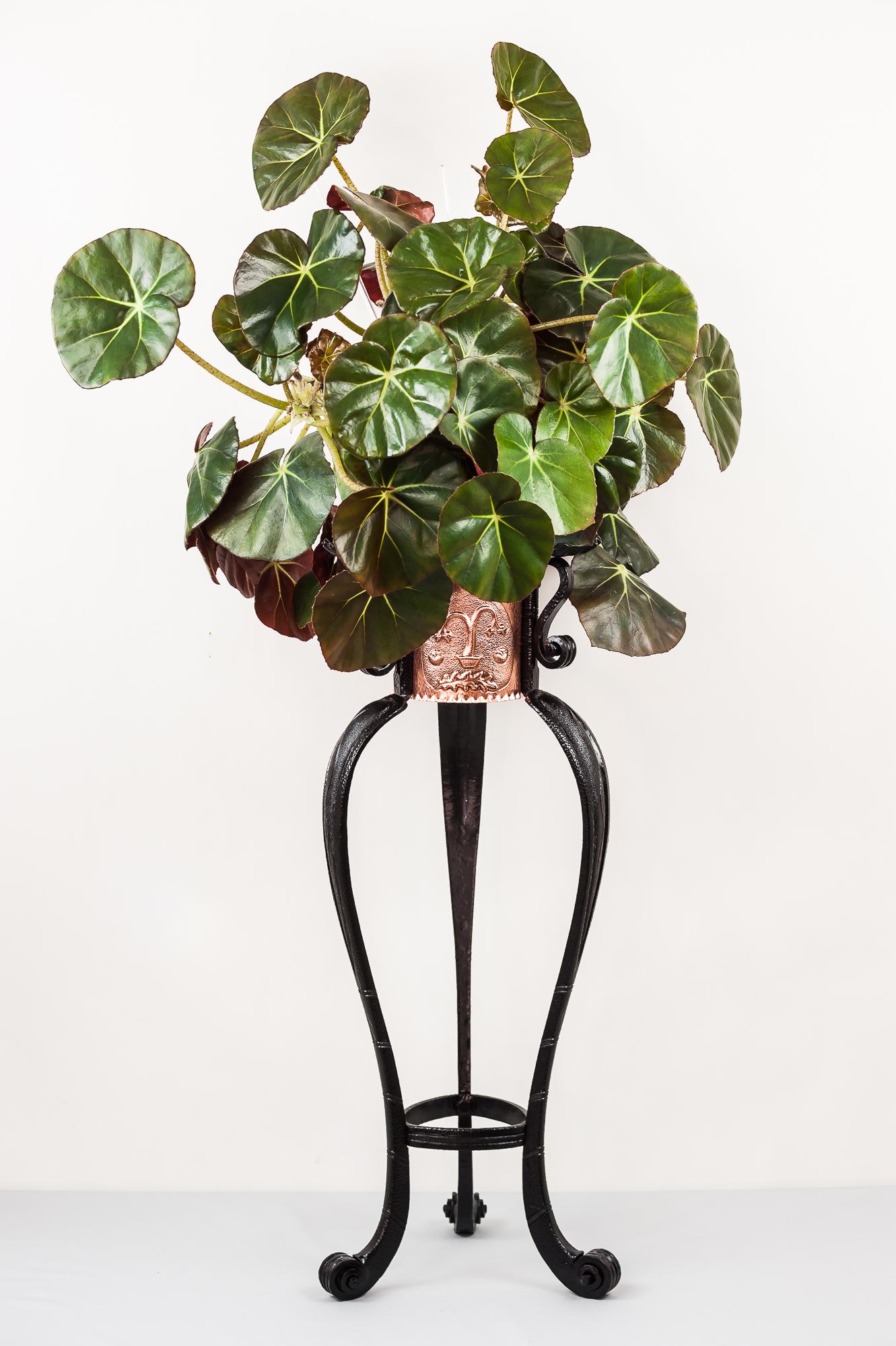 A beautiful example of a hammered Art Deco flower table stand, circa 1920s
Polished and stove enameled copper
Iron blackened.

(The flower is not for sale, just for the photo shoot.)