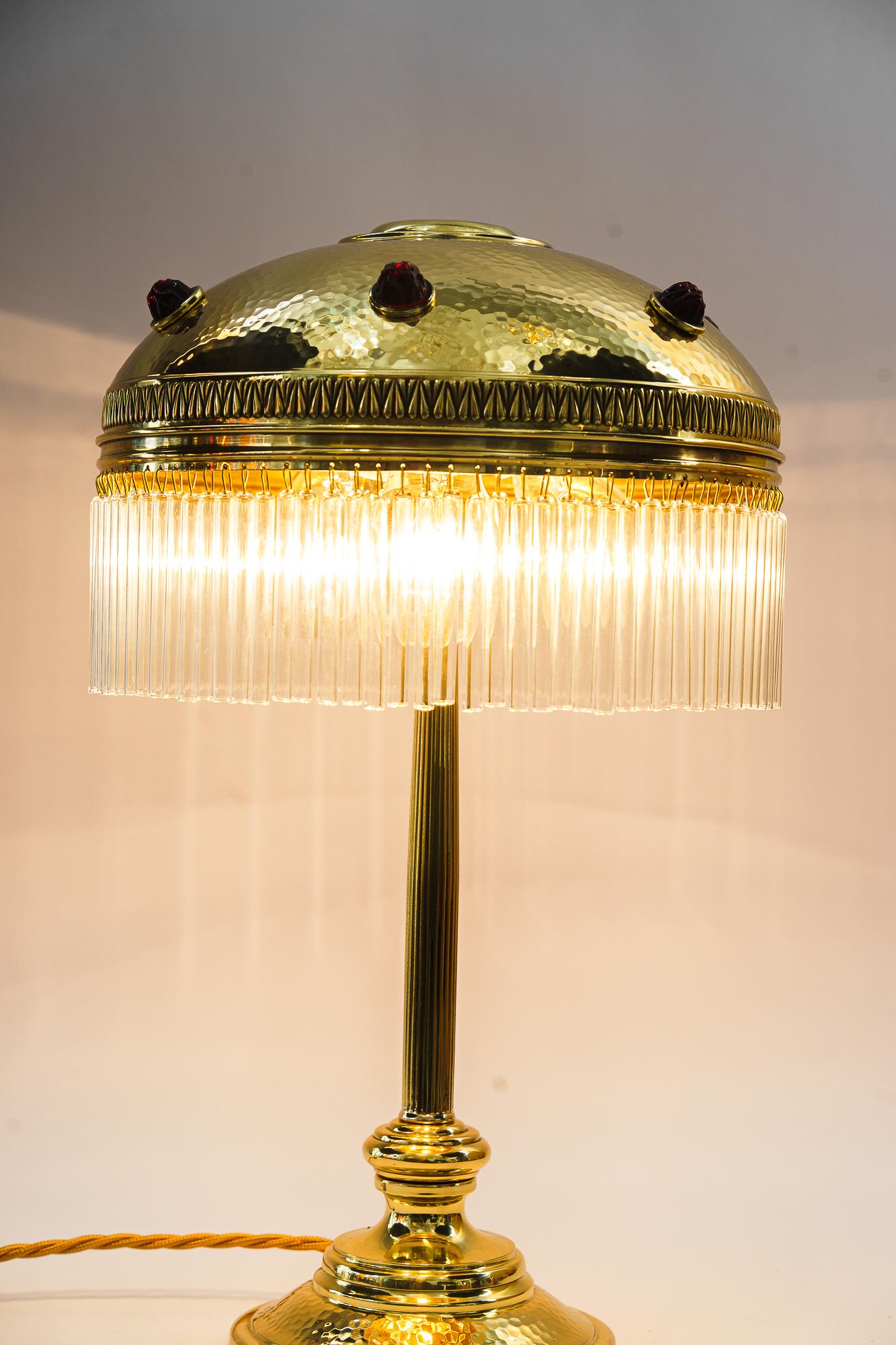 Brass Hammered Art Deco Table lamp with glass sticks vienna around 1920s For Sale