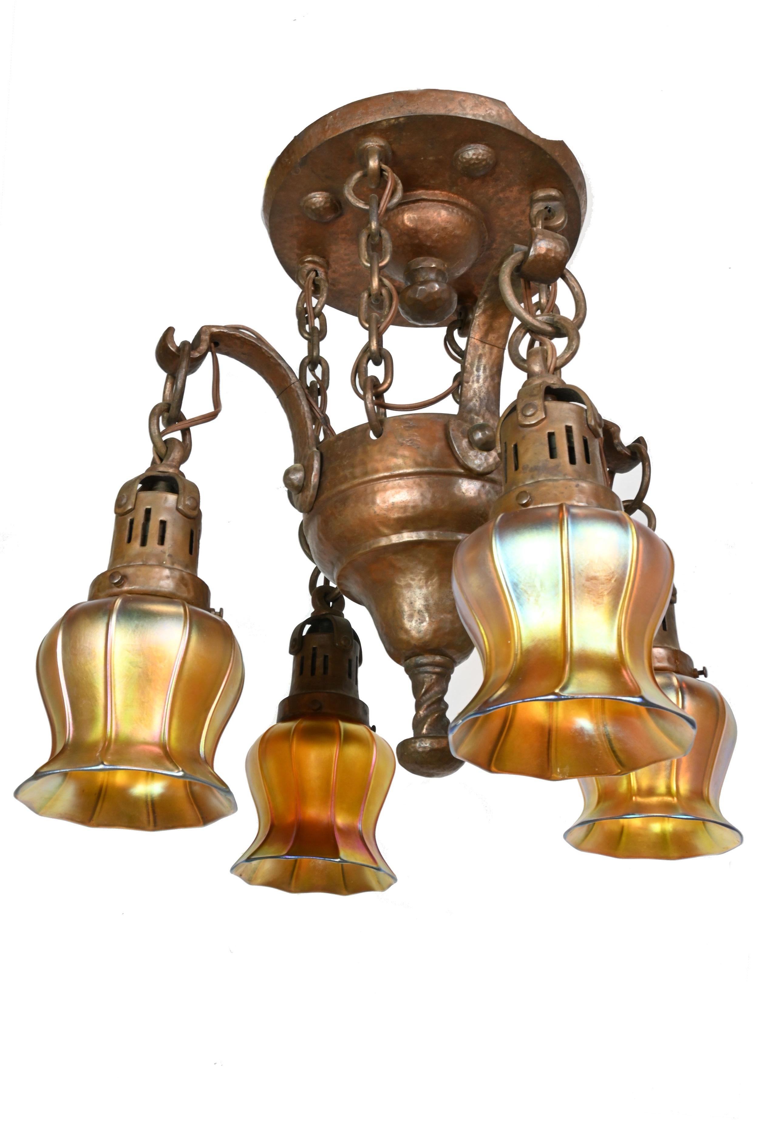 Tudor Hammered Arts & Crafts 4 Light with Quezal Aurene Shades For Sale