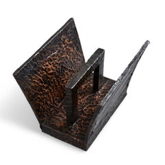 Hammered Black and Copper Colored Metal Brutalist Magazine or Record Rack