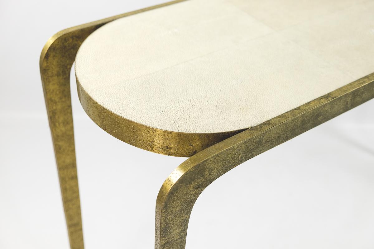 Modern Hammered Brass and Shagreen Console by Ginger Brown For Sale