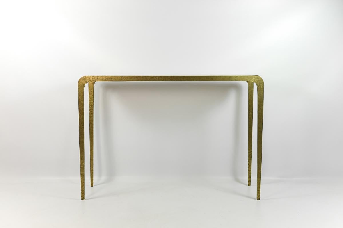 French Hammered Brass and Shagreen Console by Ginger Brown For Sale