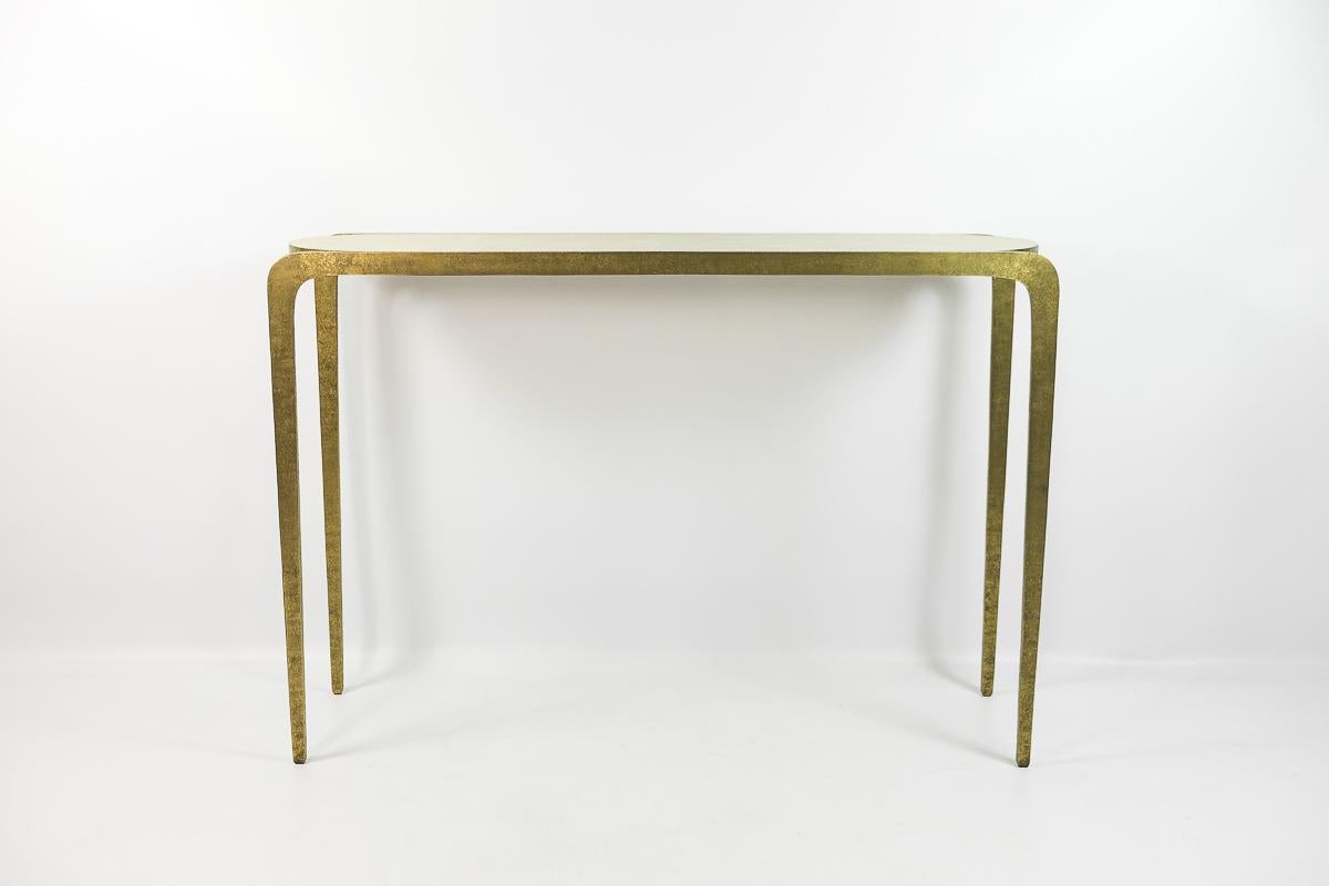 Hammered Brass and Shagreen Console by Ginger Brown In New Condition For Sale In Bourguebus, FR