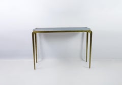Hammered Brass Console with Green Marquetry Top by Ginger Brown