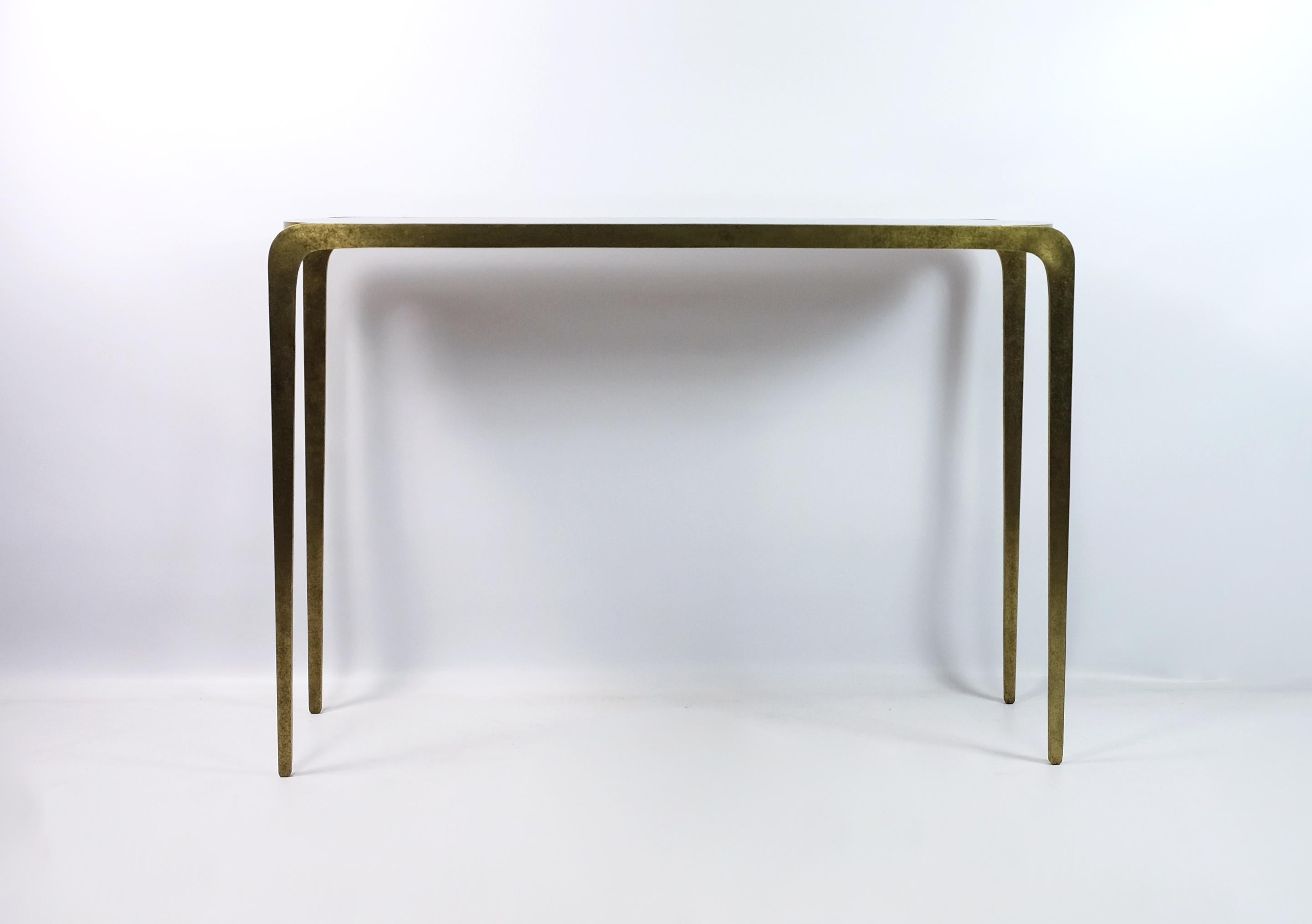 Modern Hammered Brass Console with Green Marquetry Top by Ginger Brown For Sale