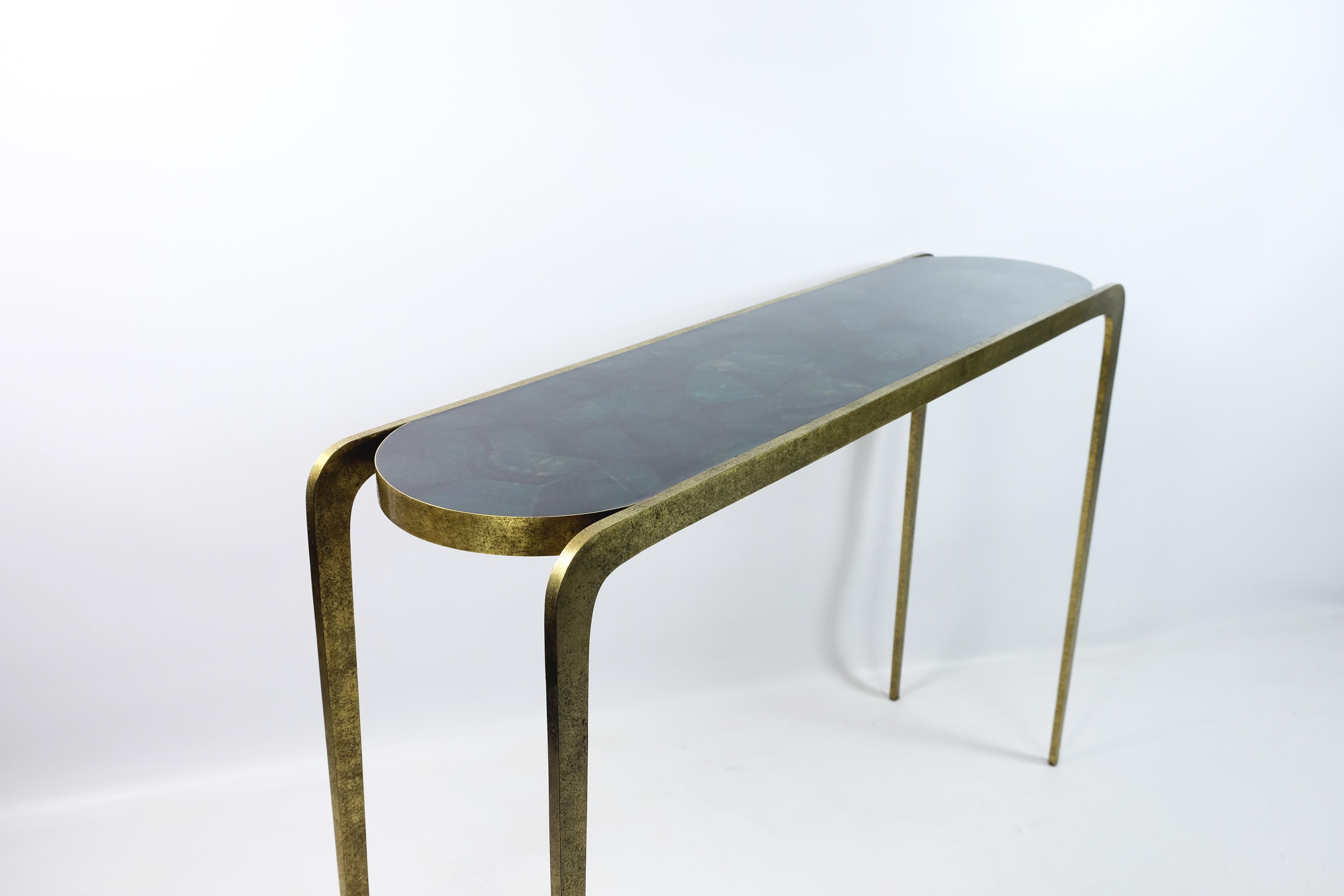 French Hammered Brass Console with Green Marquetry Top by Ginger Brown For Sale