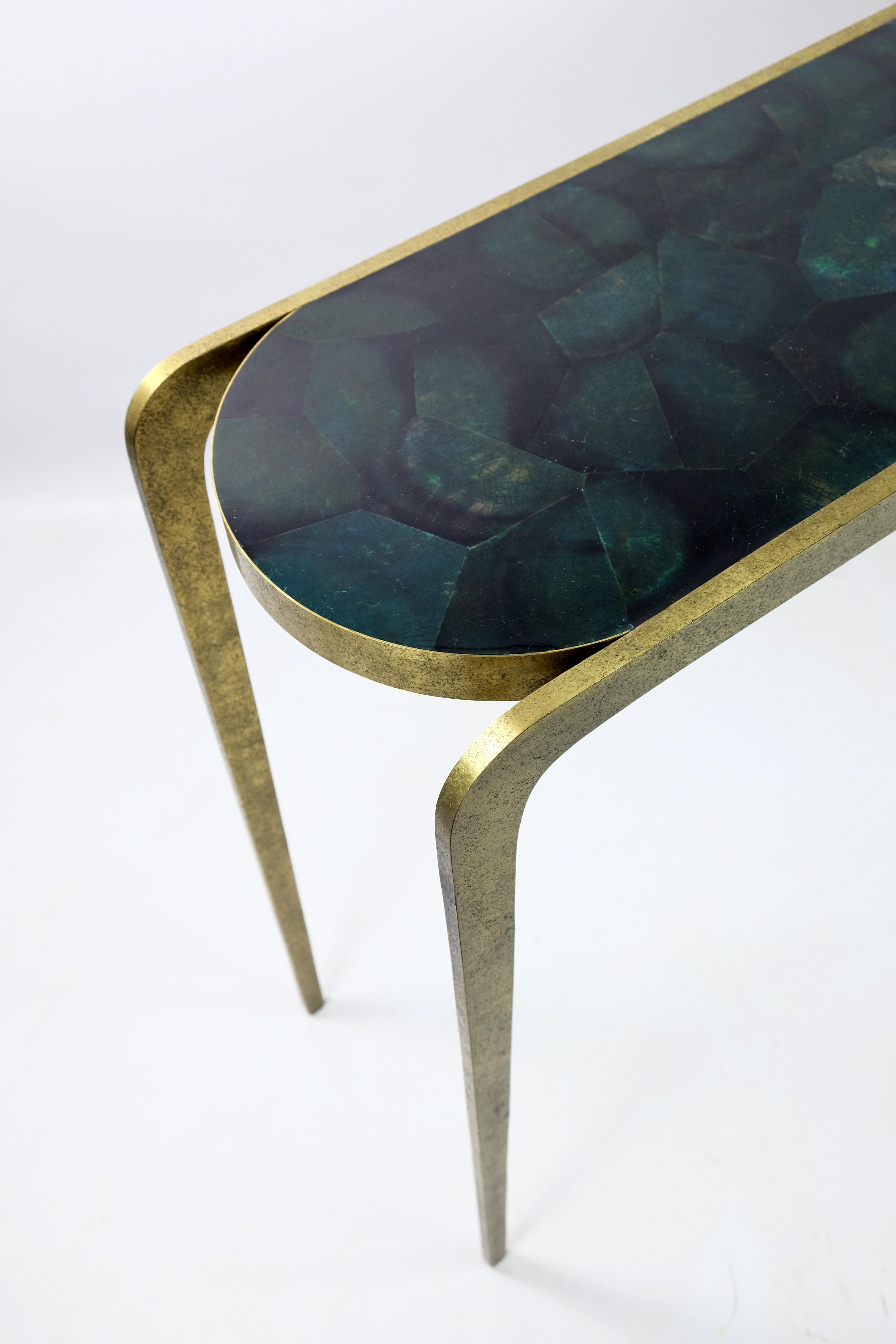Hammered Brass Console with Green Marquetry Top by Ginger Brown In New Condition For Sale In Bourguebus, FR