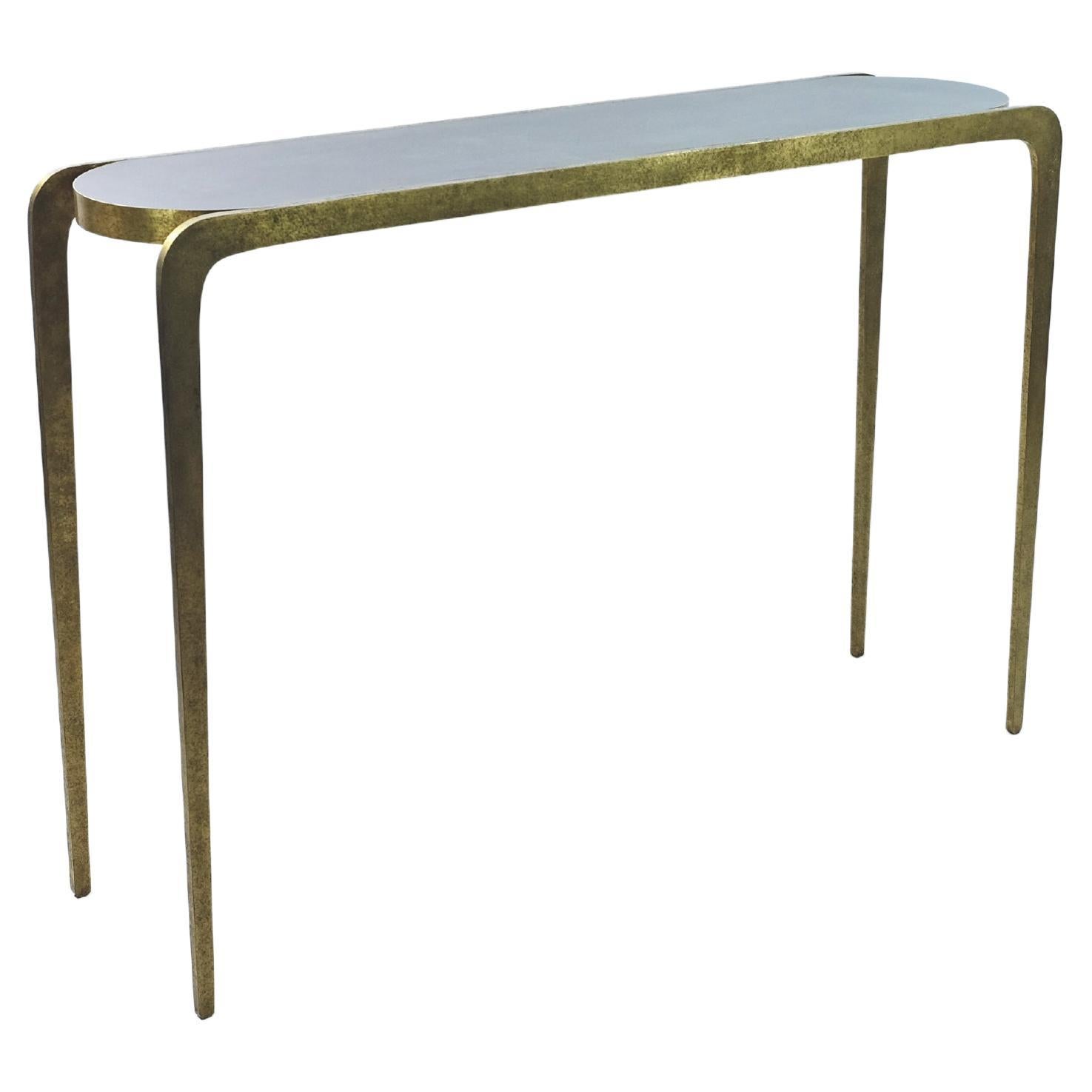 Hammered Brass Console with Green Marquetry Top by Ginger Brown For Sale