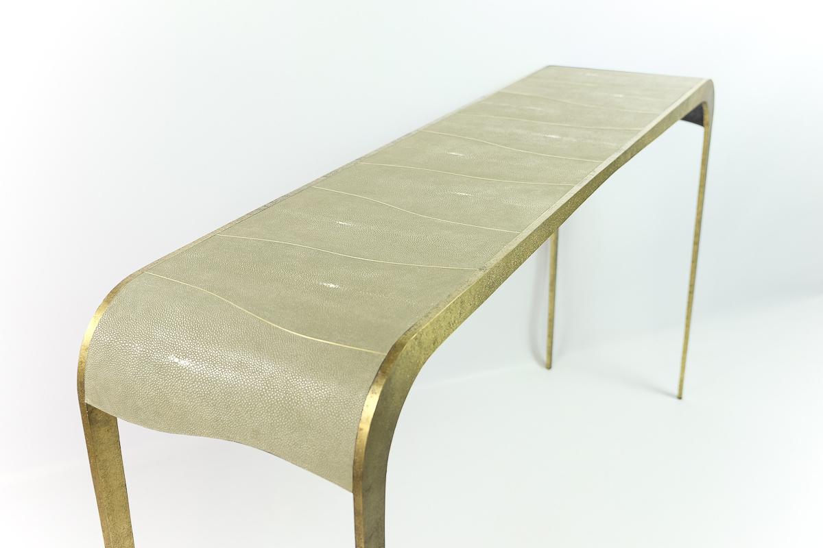 Art Deco Hammered Brass Console with Waterfall Design by Ginger Brown For Sale