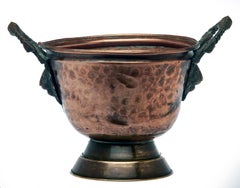 Hammered Brass & Copper Footed Bowl w/ Lion Head Handles