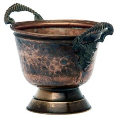 Hammered Brass & Copper Footed Bowl w/ Lion Head Handles